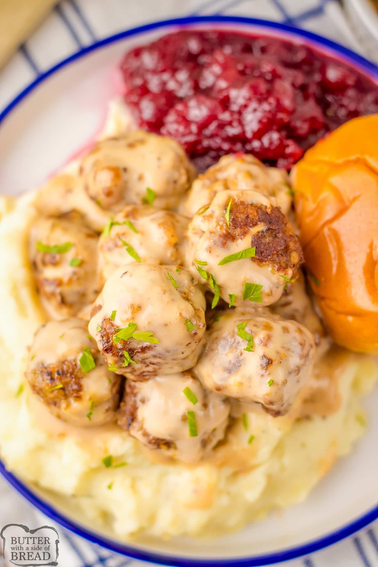 plateful of Homemade IKEA Swedish meatballs with lingonberry jam & mashed potatoes