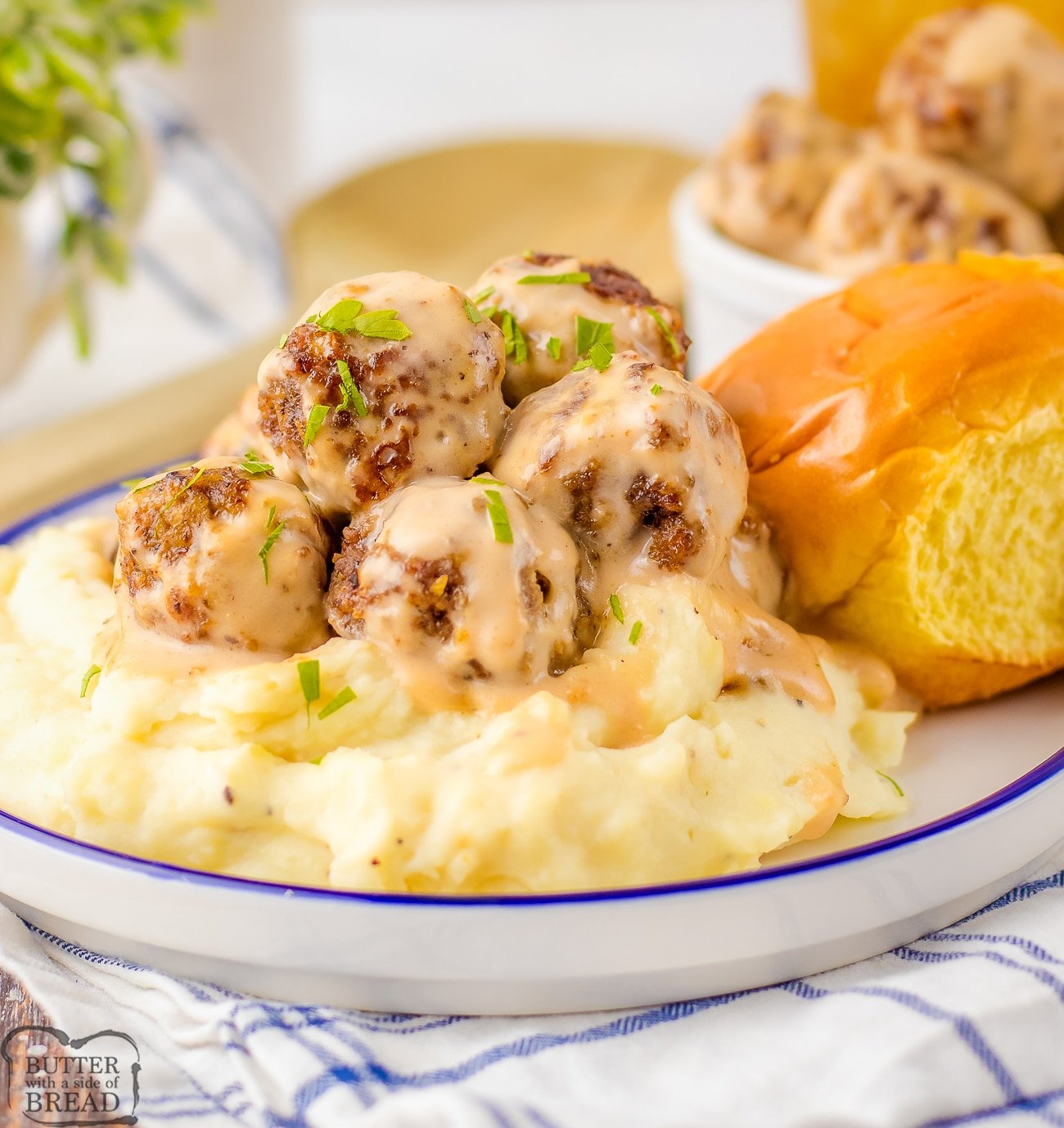 Copycat IKEA Swedish meatballs with gravy over mashed potatoes