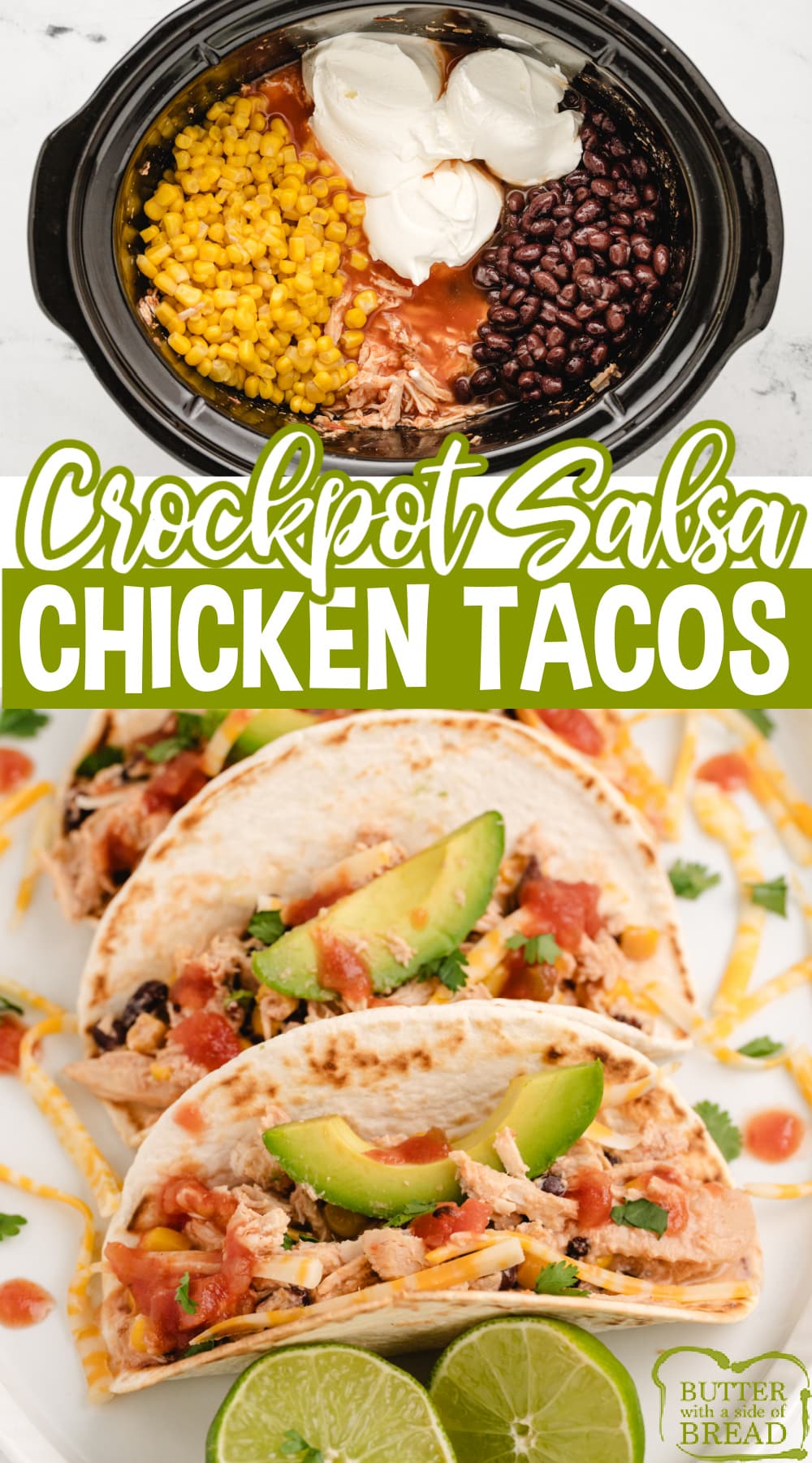 Crockpot Salsa Chicken Tacos is an easy weeknight dinner made with 5 ingredients and less than 5 minutes of prep time! Dump everything in the crockpot, turn it on, and dinner will be ready in a few hours!