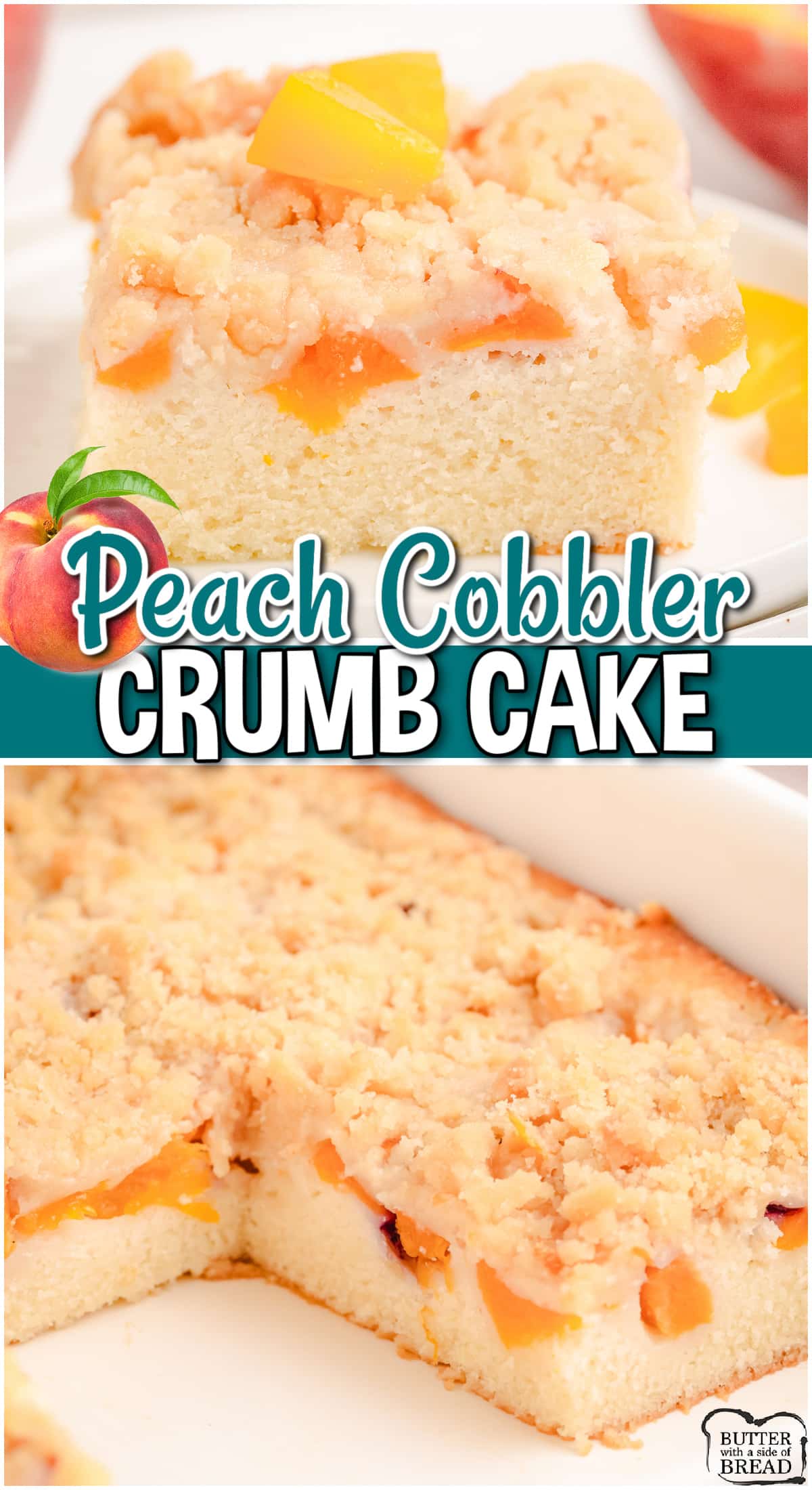 Buttery Peach Crumb Cake is made with simple ingredients & topped with a delicious brown sugar crumb! Fantastic fresh peach flavor in this lovely homemade peach cake recipe.