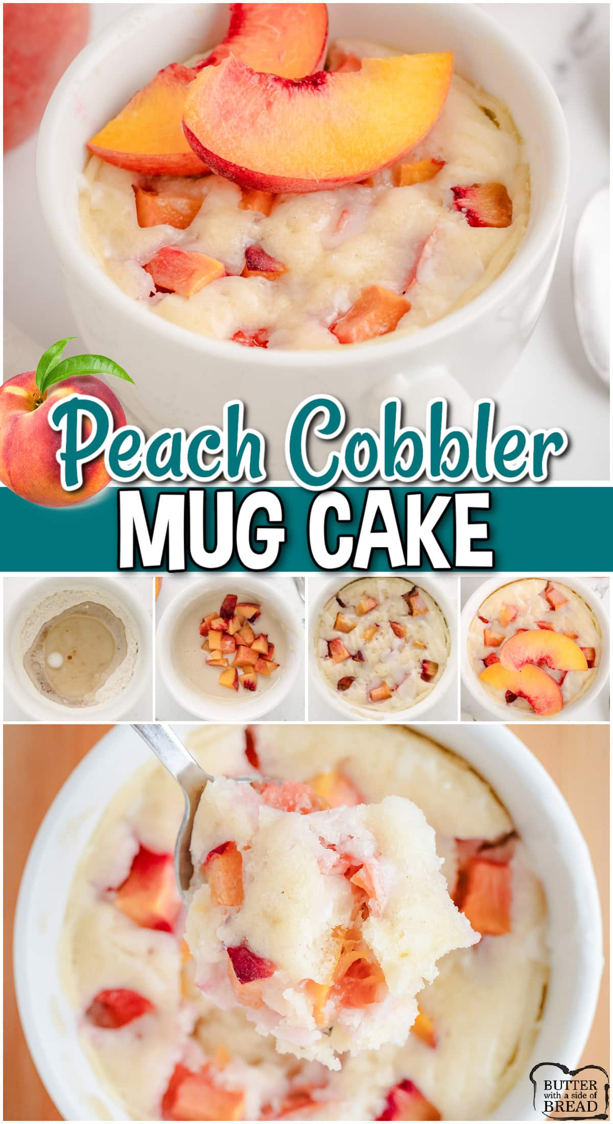 Quick & easy Peach Mug Cake made in minutes in the microwave! Simple peach dessert made with pantry ingredients and fresh peaches for a delightful dessert for one!