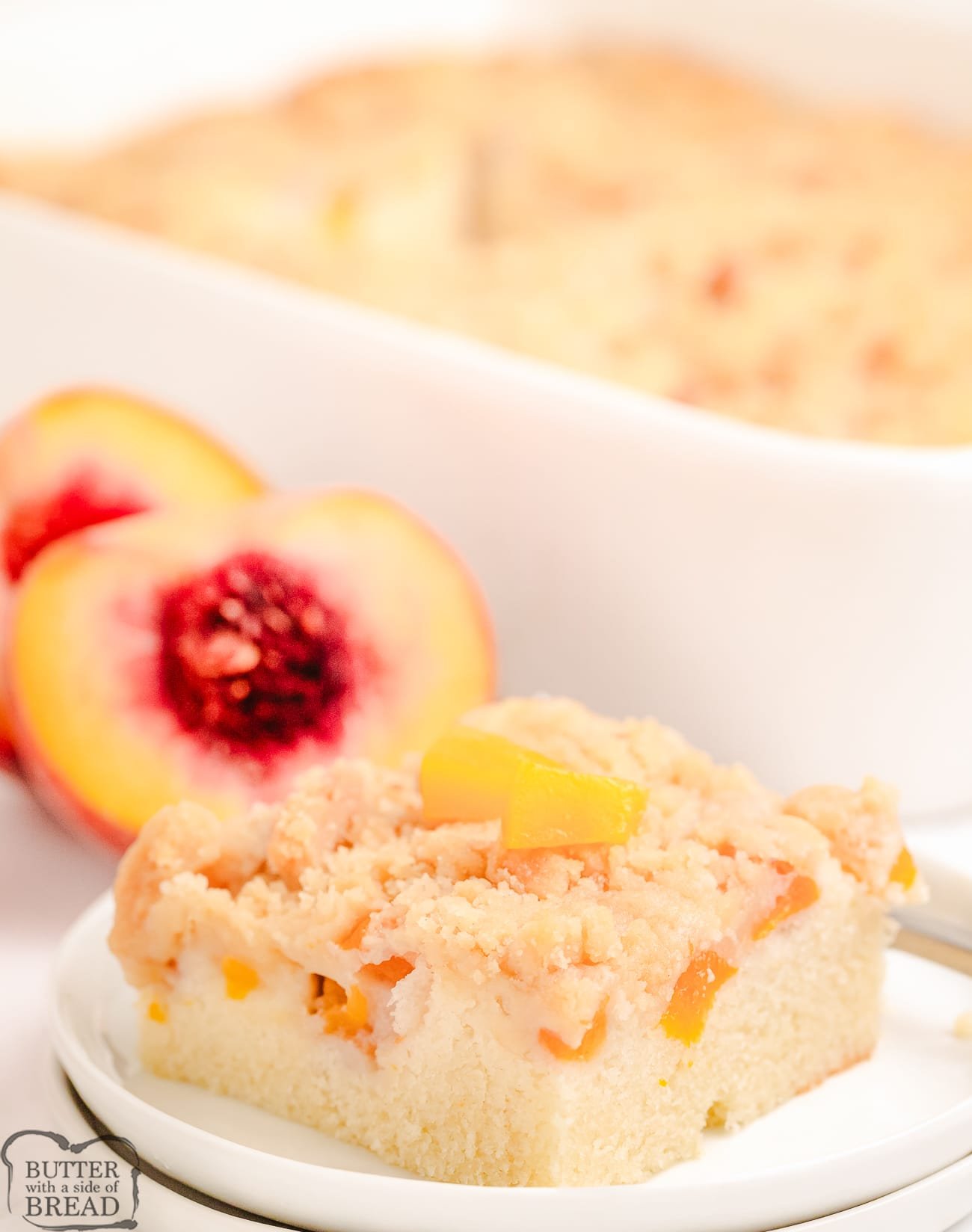 slice of peach crumb cake