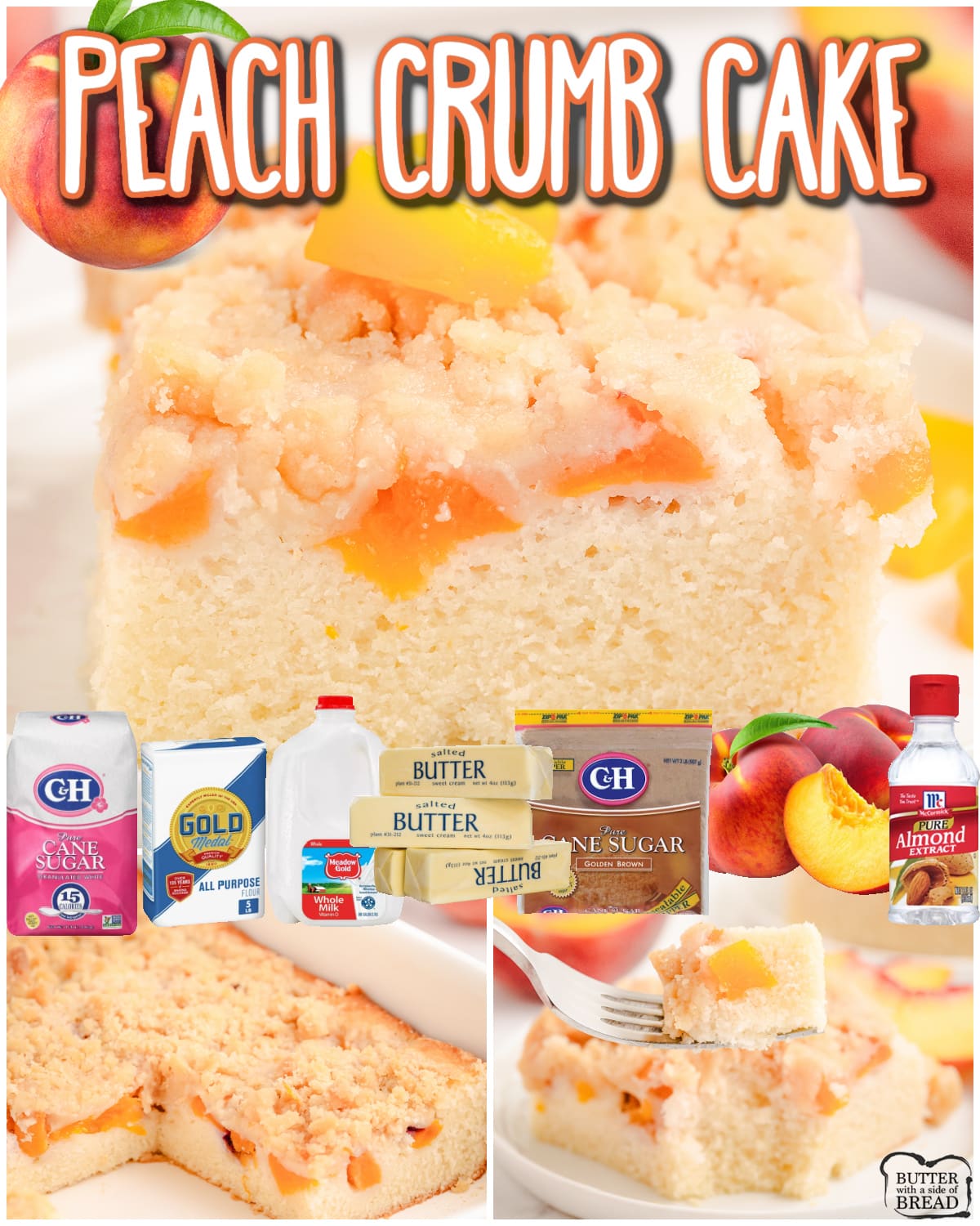 Buttery Peach Crumb Cake is made with simple ingredients & topped with a delicious brown sugar crumb! Fantastic fresh peach flavor in this lovely homemade peach cake recipe.