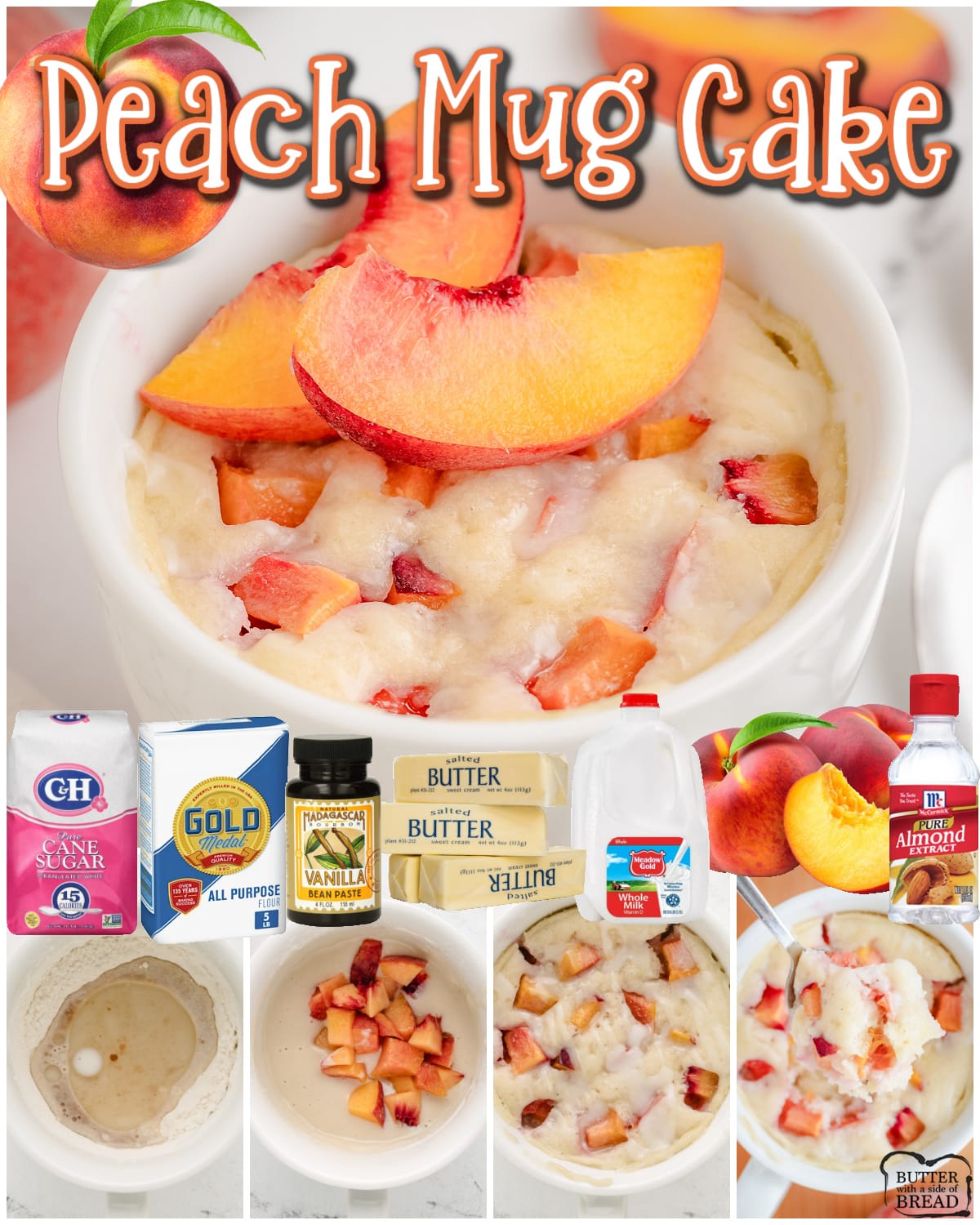 Quick & easy Peach Mug Cake made in minutes in the microwave! Simple peach dessert made with pantry ingredients and fresh peaches for a delightful dessert for one!