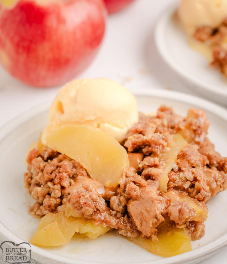 scoop of peanut butter apple crisp on a white plate