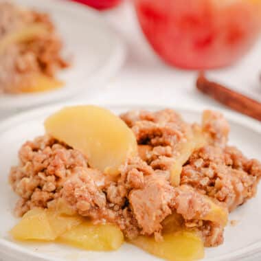 peanut butter apple crisp on a white plate