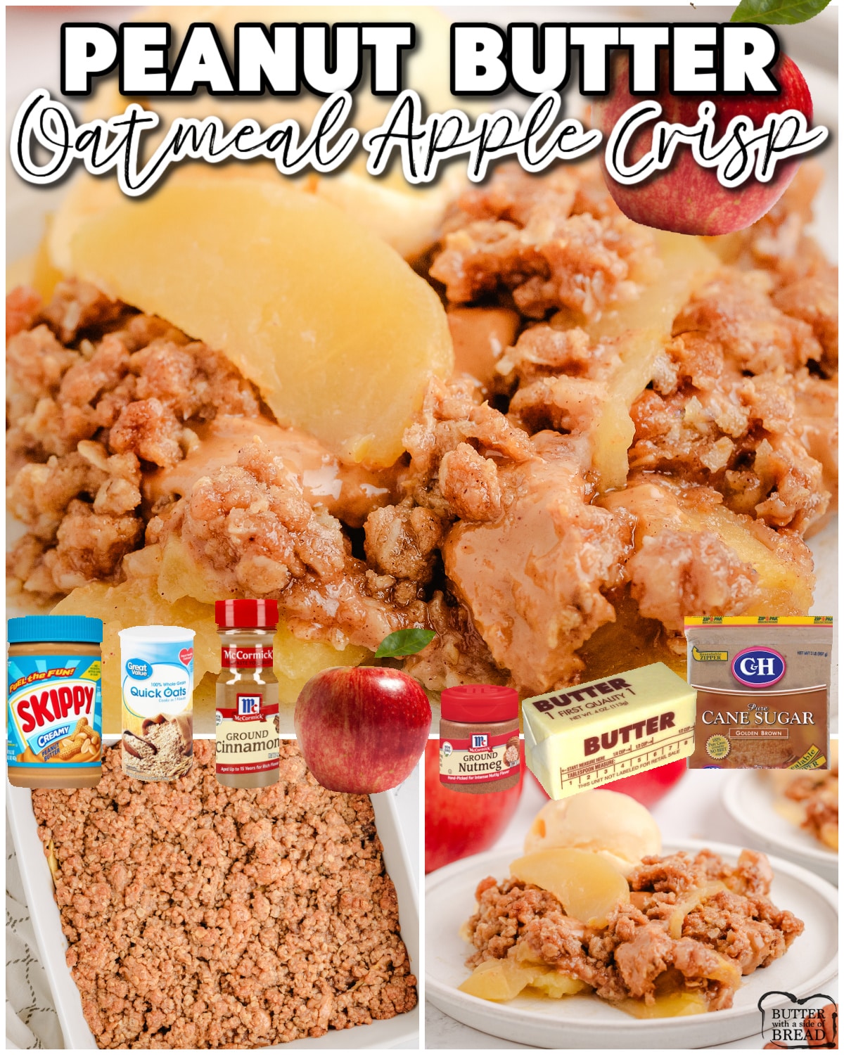 Fantastic Peanut Butter Apple Crisp made with apples swirled with peanut butter & topped with a buttery brown sugar oat crumble mixture. A delightful twist on a classic!