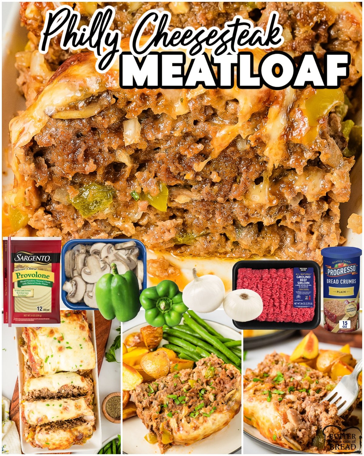 Philly Cheesesteak Meatloaf is a creative twist on traditional meatloaf, bursting with flavor from ground beef, bell pepper, onion, mushrooms & a tangy sauce covered in provolone cheese! 