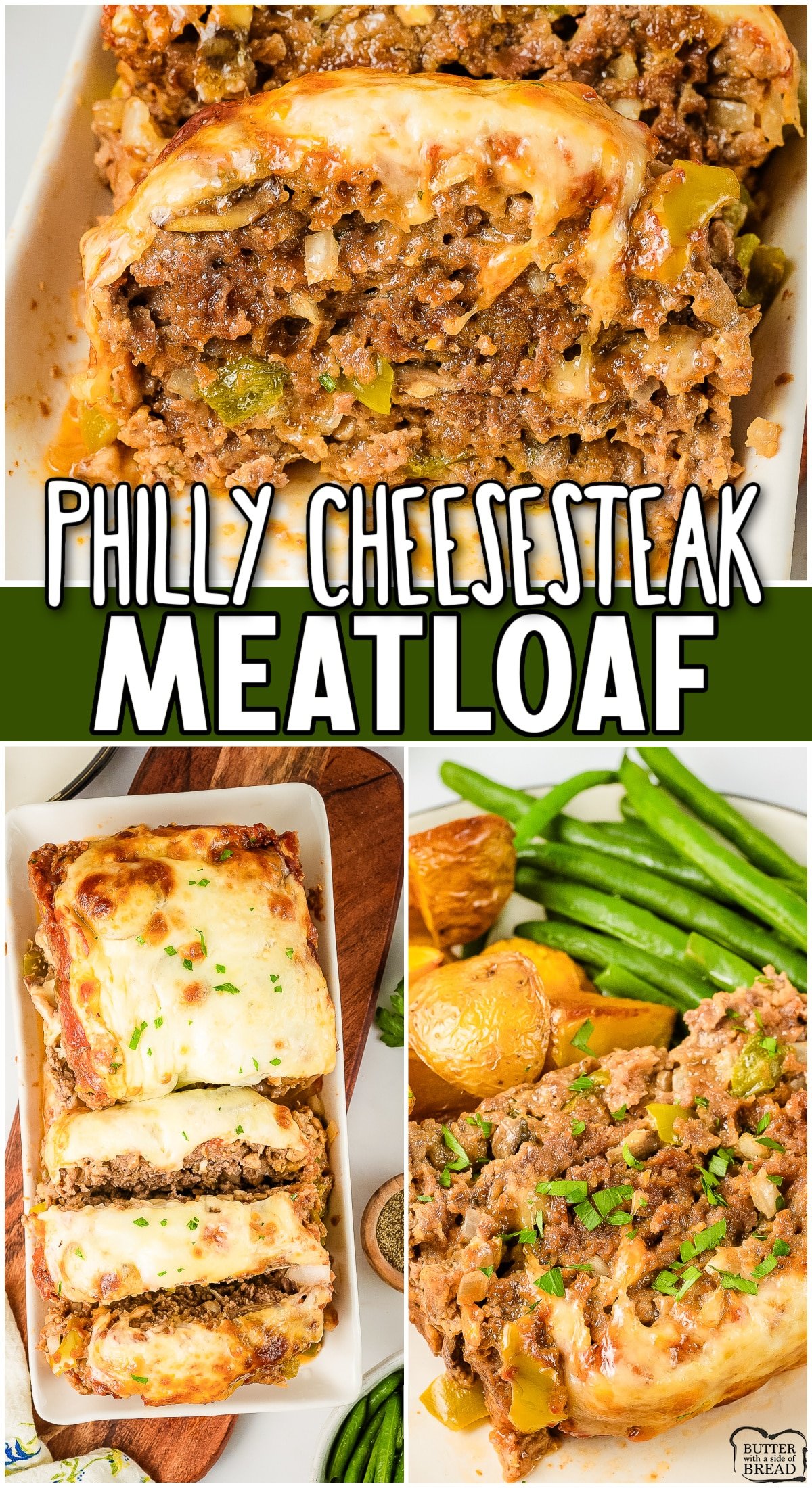 Philly Cheesesteak Meatloaf is a creative twist on traditional meatloaf, bursting with flavor from ground beef, bell pepper, onion, mushrooms & a tangy sauce covered in provolone cheese! 