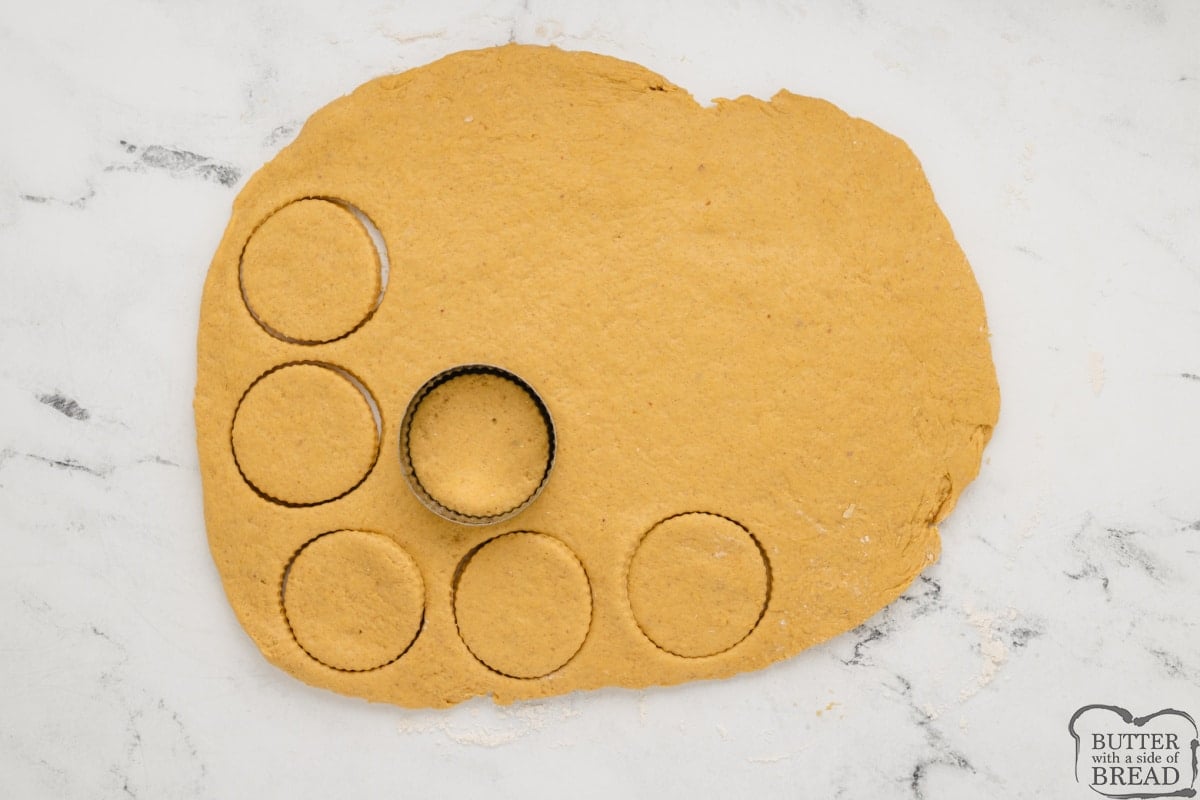 Roll out dough and cut with biscuit cutter. 