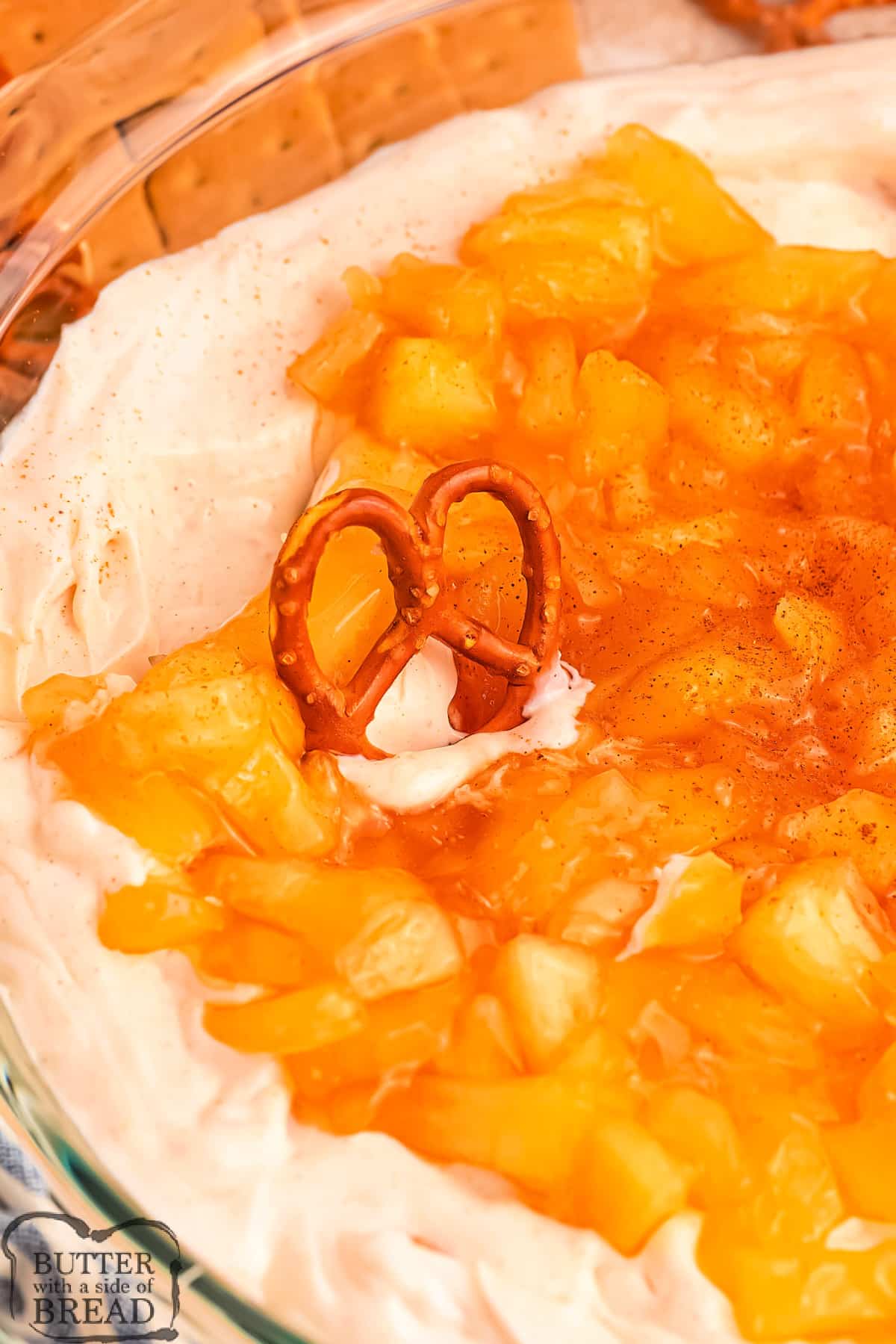Pretzel dipped in simple apple pie dip.