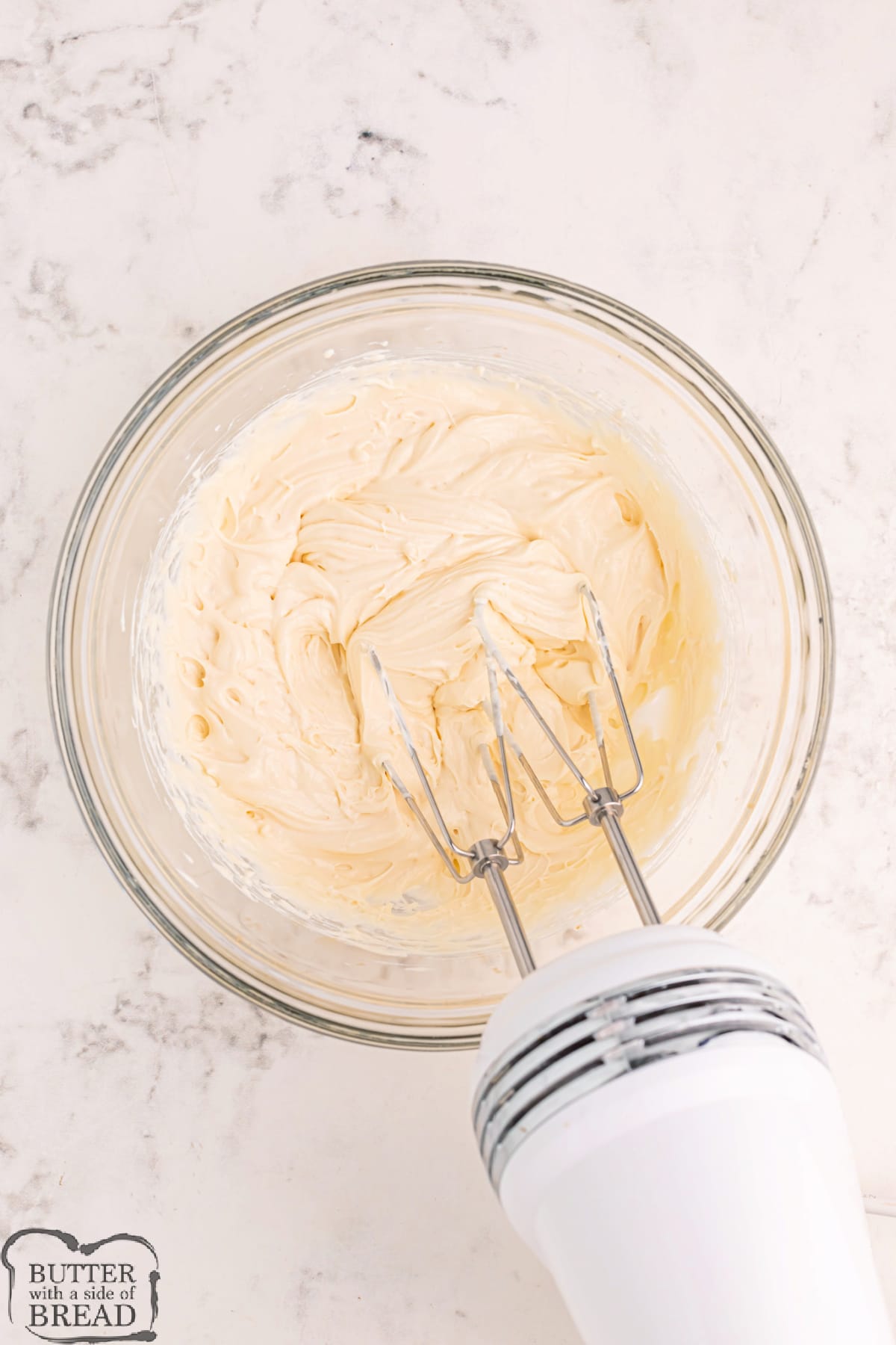 Cream cheese, sweetened condensed milk, and vanilla extract.