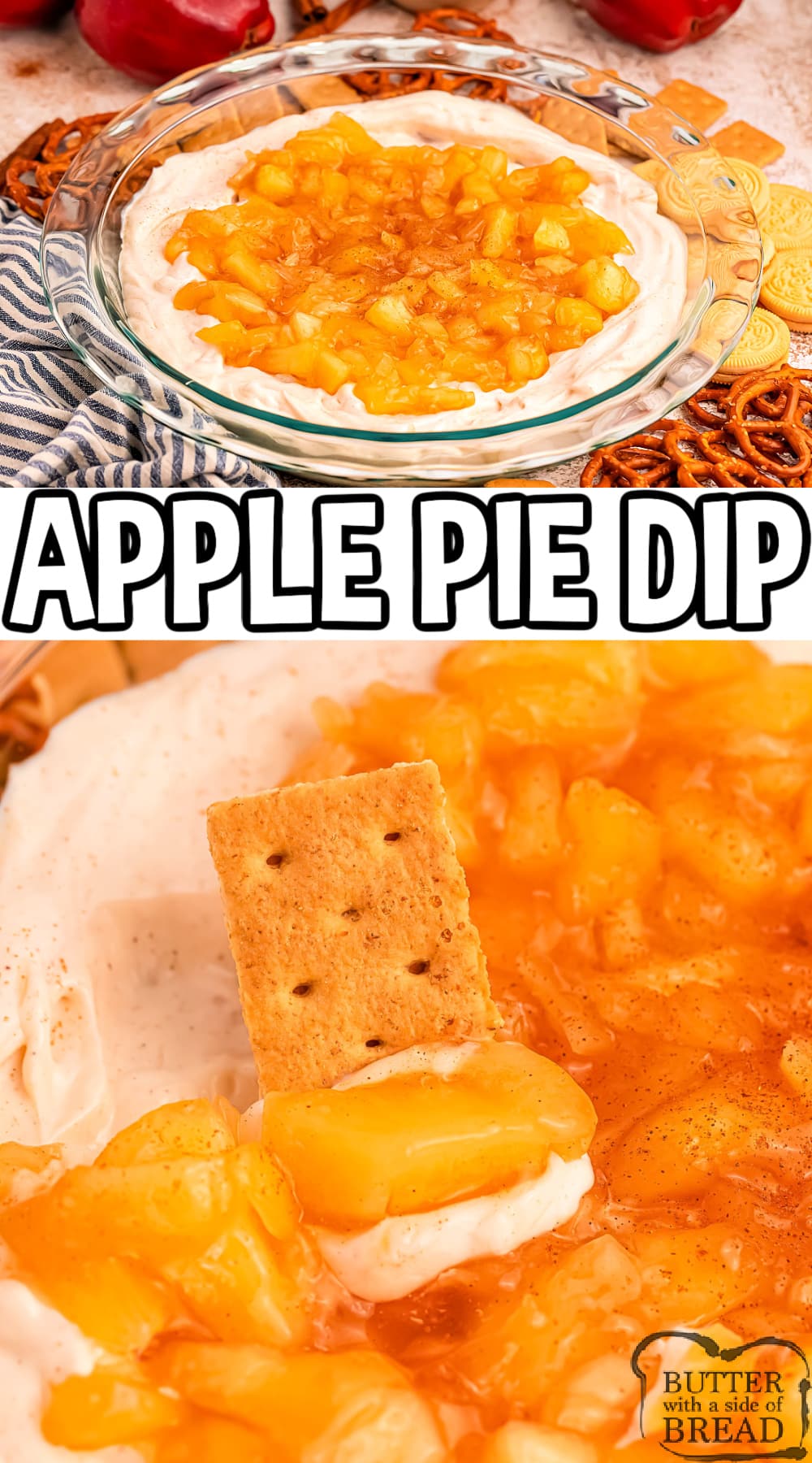 Apple Pie Dip is deliciously creamy and perfect for dipping pretzels, graham crackers, and fruit slices. It requires only six simple ingredients and tastes just like apple pie!