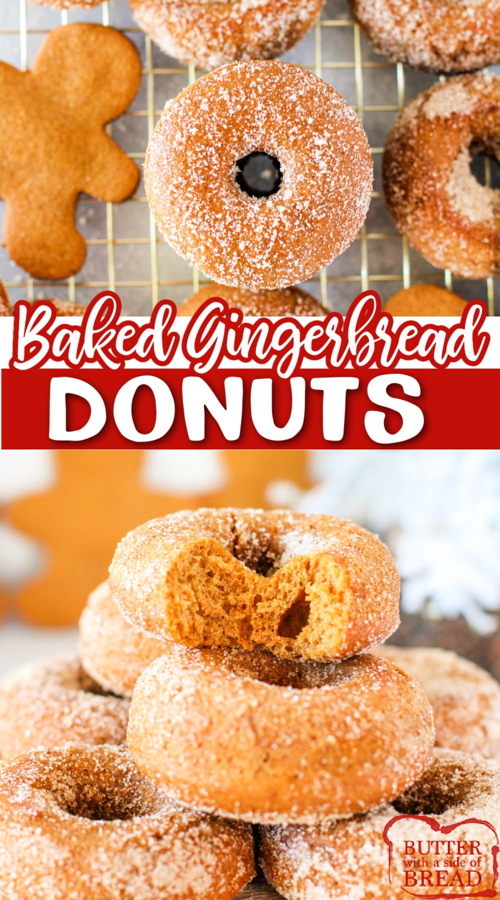 Baked Gingerbread Donuts are made completely from scratch with molasses and a variety of spices. These baked donuts are coated in cinnamon and sugar and served warm, making them the perfect breakfast, snack, or dessert for the holidays.