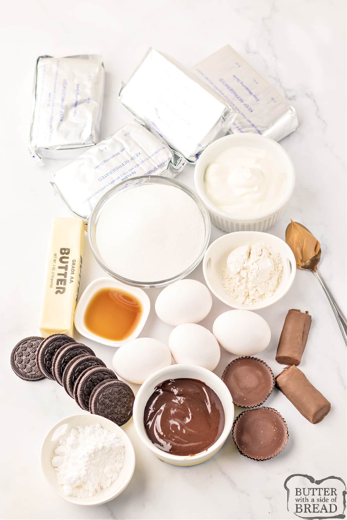 Ingredients in Copycat Cheesecake Factory Adam's Peanut Butter Cup Cheesecake. 