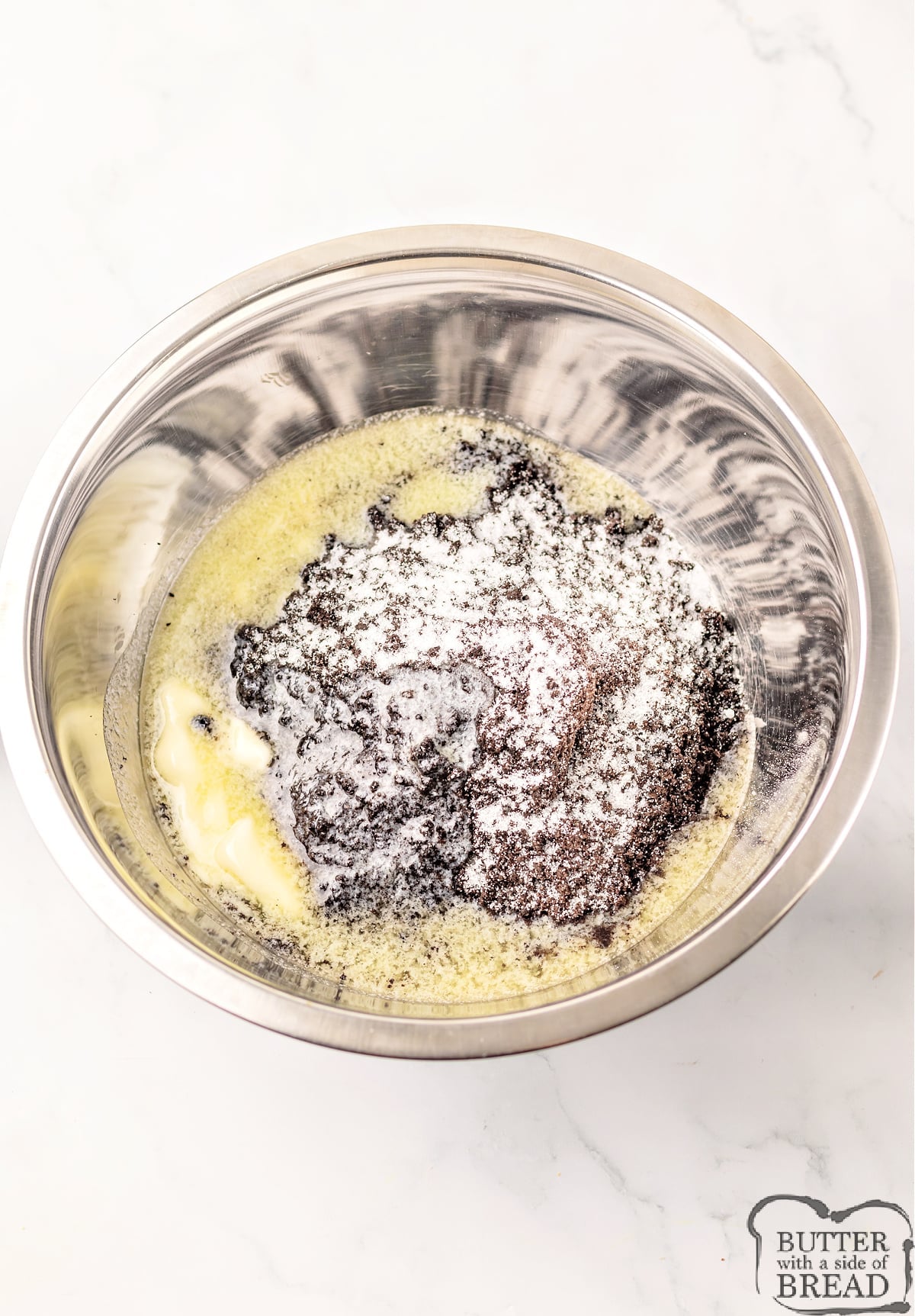 Oreo crumbs, butter, and sugar. 