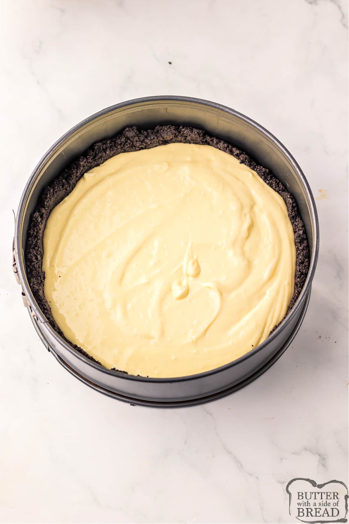 Add half of cheesecake filling to Oreo crust. 