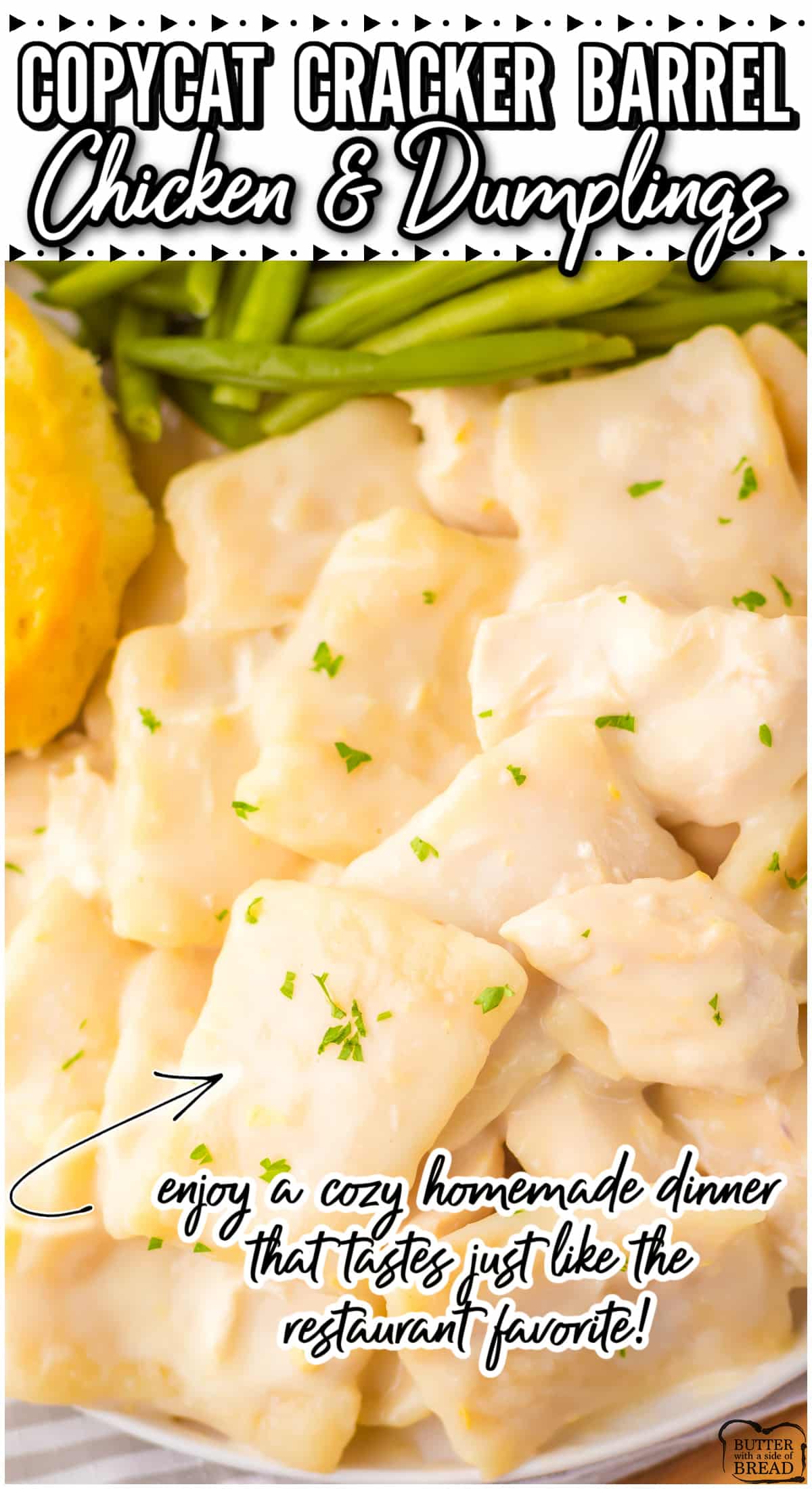 Cracker Barrel Homemade Chicken and Dumplings made with tender chicken in a flavorful sauce with 4-ingredient buttermilk dumplings for a cozy copycat dinner that comes together in no time!