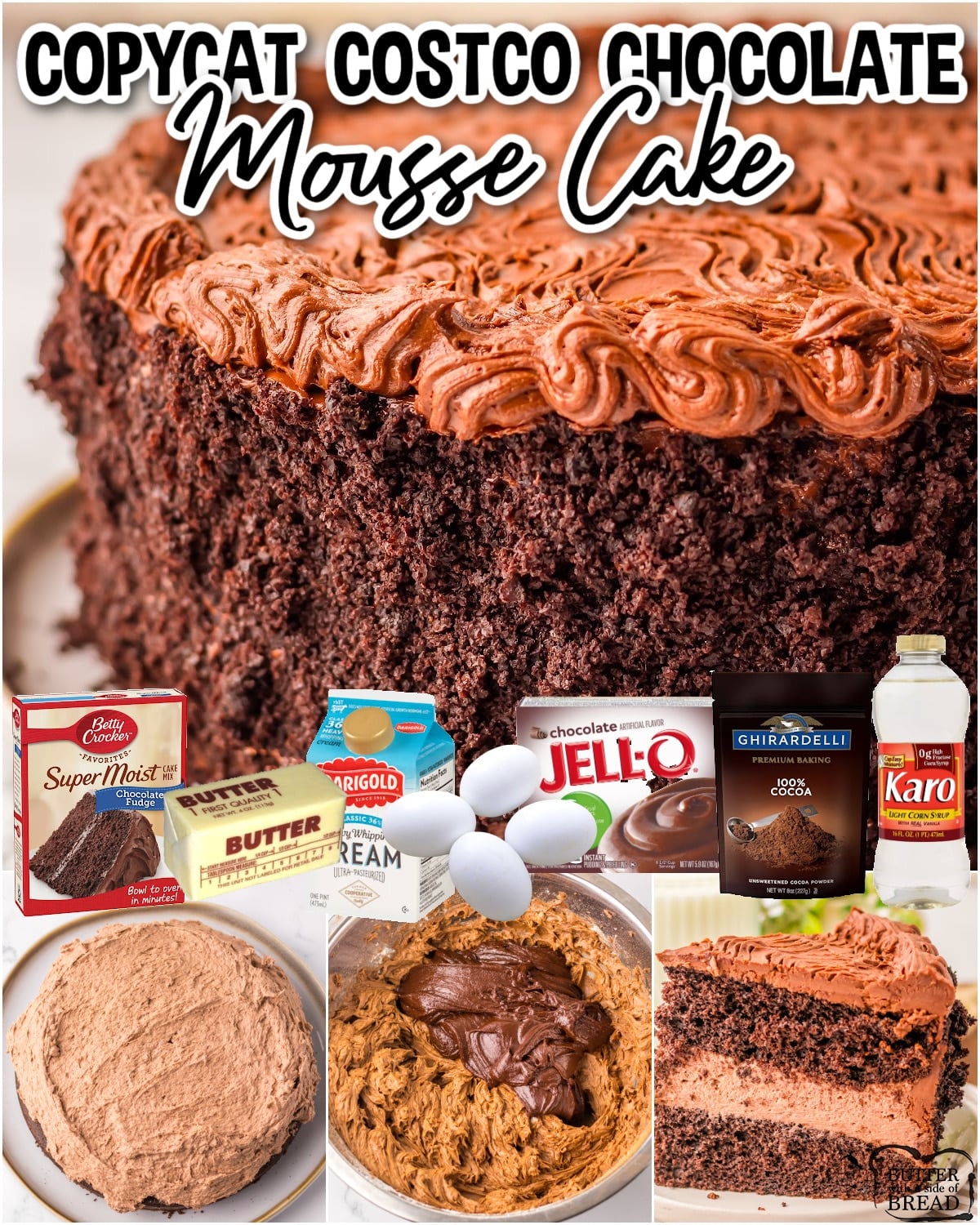 Copycat Costco Chocolate Mousse Cake made easy with a cake mix, a luscious chocolate mousse & topped with decadent chocolate frosting and cookie crumbs!