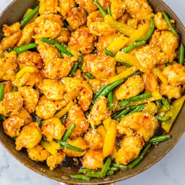 frying pan with copycat Panda Express Honey Sesame Chicken