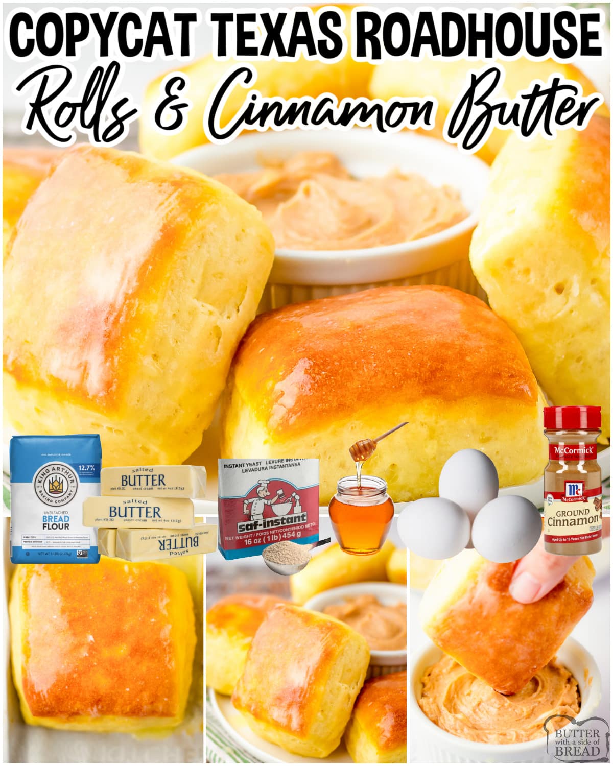 Copycat Texas Roadhouse Rolls made at home with a buttery homemade dough, then baked & slathered with cinnamon honey butter of course!