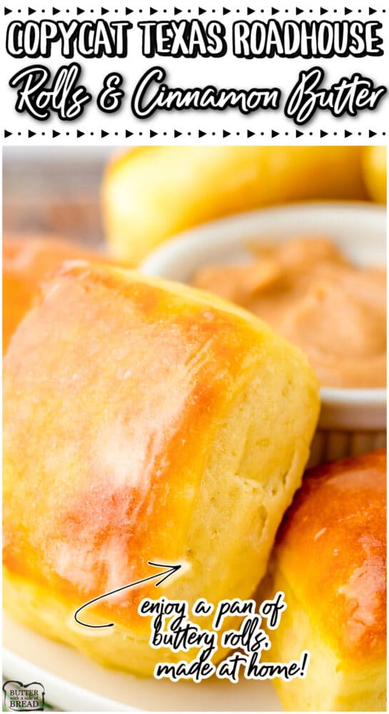 Copycat Texas Roadhouse Rolls made at home with a buttery homemade dough, then baked & slathered with cinnamon honey butter of course! Fantastic homemade dinner roll recipe that are a perfect copycat for Texas Roadhouse!