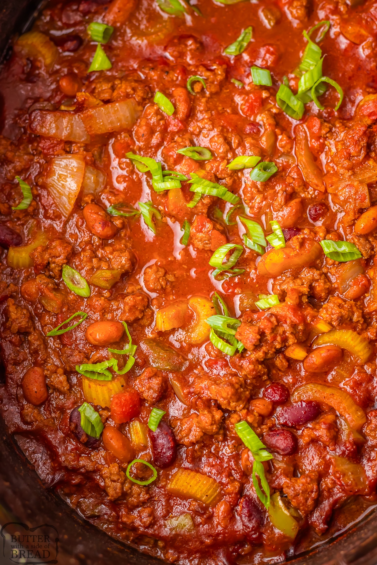 crockpot Wendy's chili topped with sliced green onions