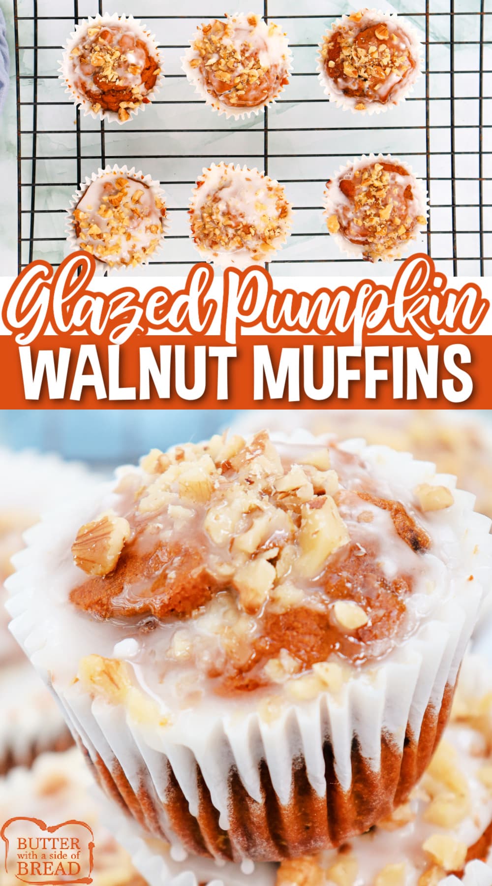 Glazed Pumpkin Walnut Muffins are moist, flavorful, and topped with walnuts and a simple powdered sugar glaze. These are easy to make at home and are the best sweet treat for fall!