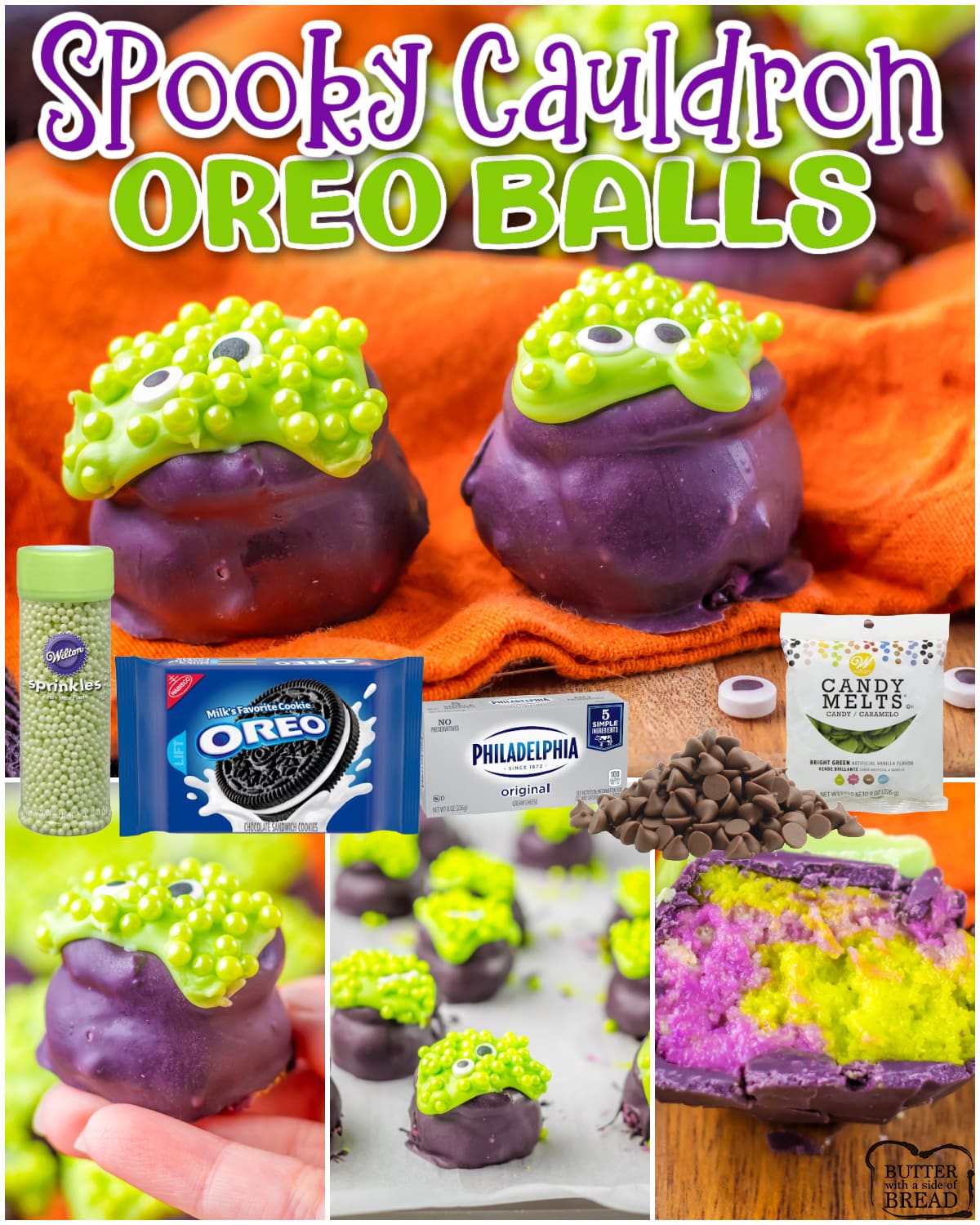 Spooky Cauldron Oreo Balls are the perfect Halloween treats for your little goblins! Festive Oreo truffles are dipped in green & purple, shaped into a cauldron & topped with chocolate & sprinkle "bubbles!"