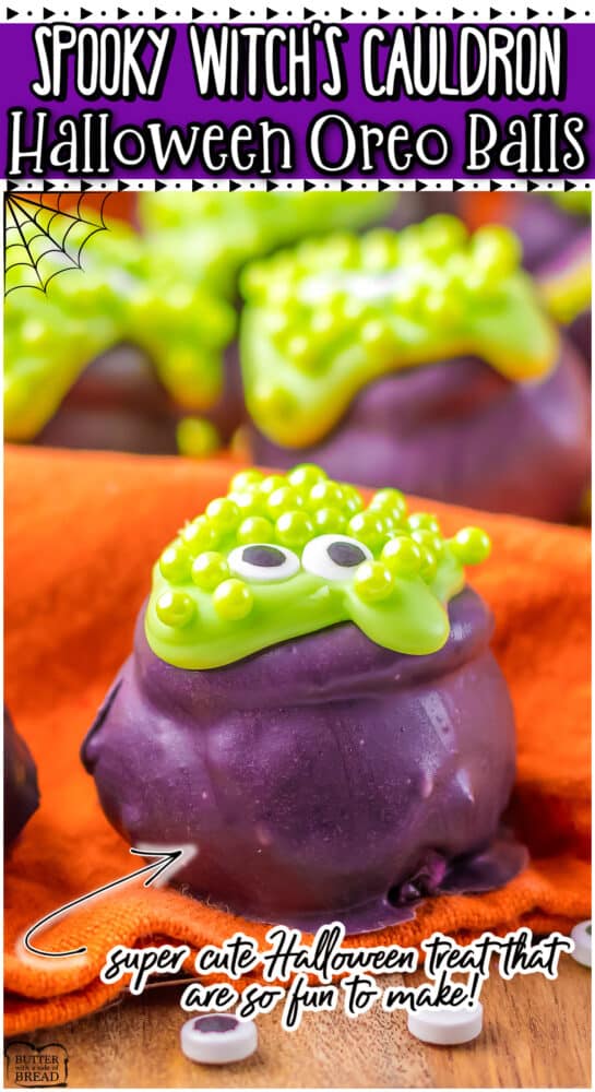 Spooky Cauldron Oreo Balls are the perfect Halloween treats for your little goblins! Festive Oreo truffles are dipped in green & purple, shaped into a cauldron & topped with chocolate & sprinkle "bubbles!"