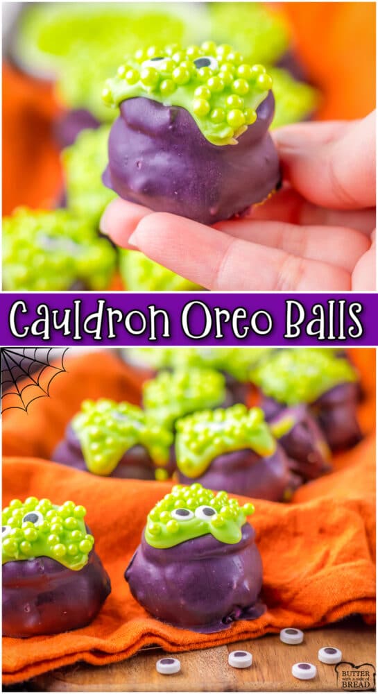 Spooky Cauldron Oreo Balls are the perfect Halloween treats for your little goblins! Festive Oreo truffles are dipped in green & purple, shaped into a cauldron & topped with chocolate & sprinkle "bubbles!"