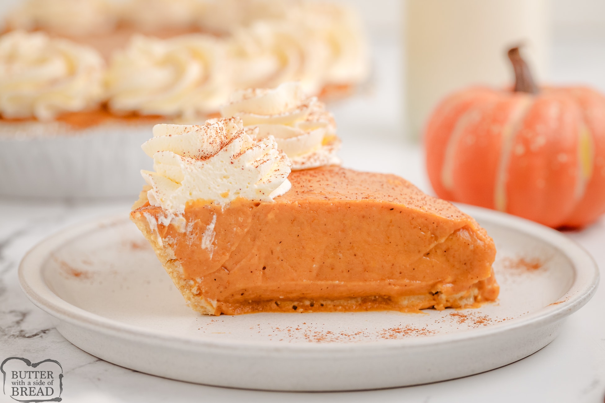 slice of no bake pumpkin pie made with vanilla pudding