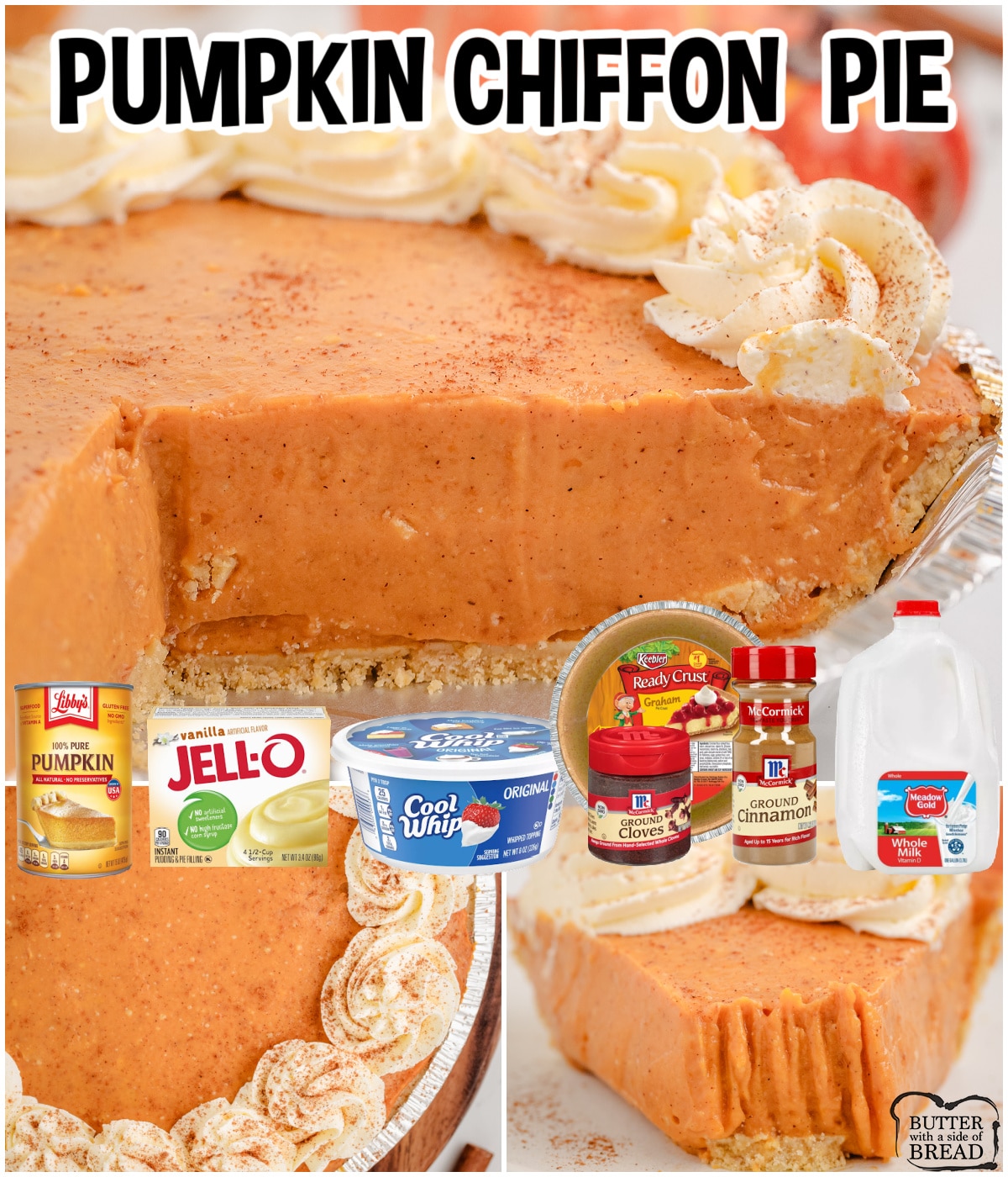 Pumpkin Chiffon Pie made with vanilla pudding, milk, canned pumpkin & warm fall spices for a simple & delicious pie perfect for your holiday table!
