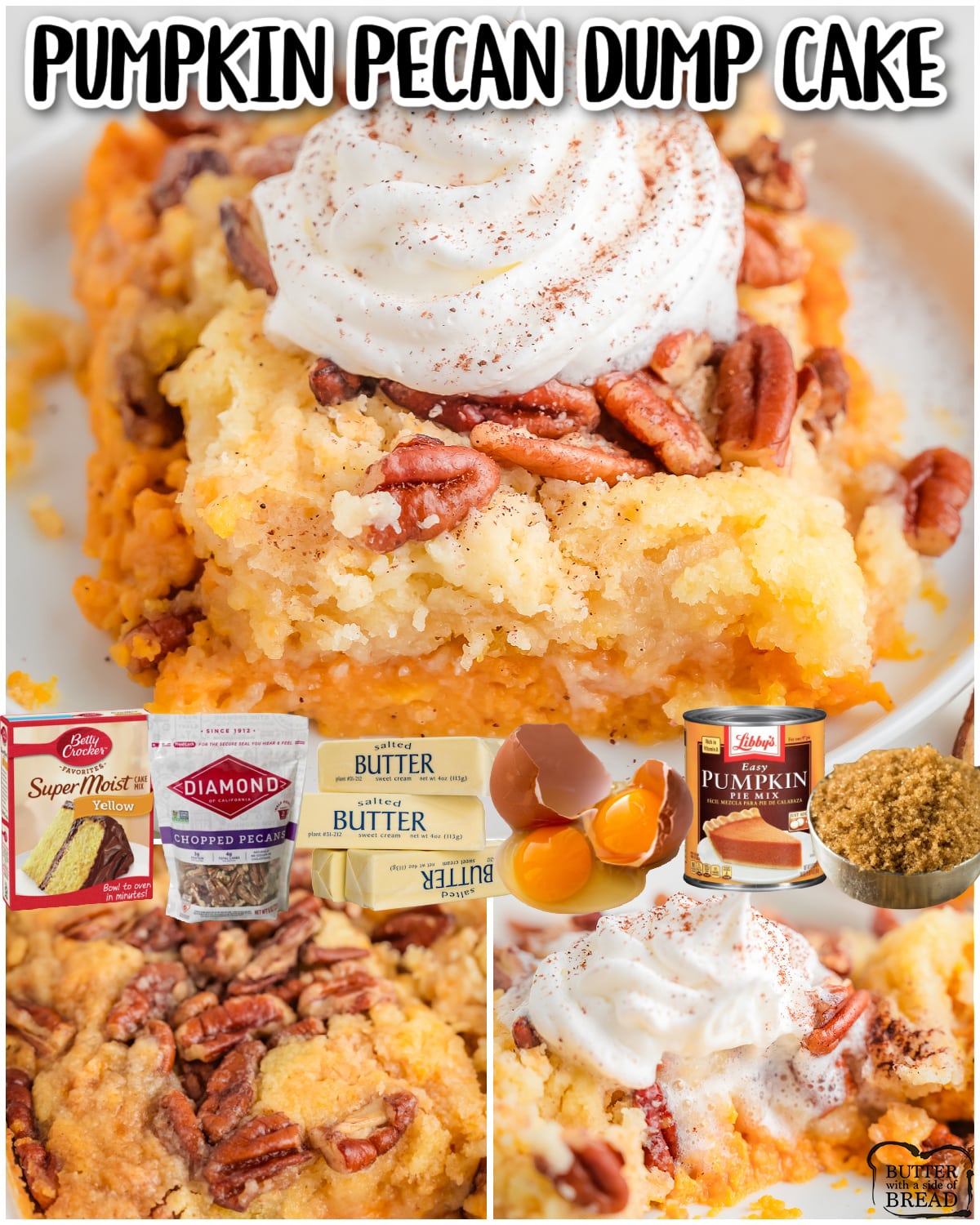 Pumpkin Pecan Dump Cake is made easy with a handful of ingredients including a cake mix, pumpkin pie mix, eggs, butter and brown sugar. Decadent dump cake recipe with fantastic Fall flavors!