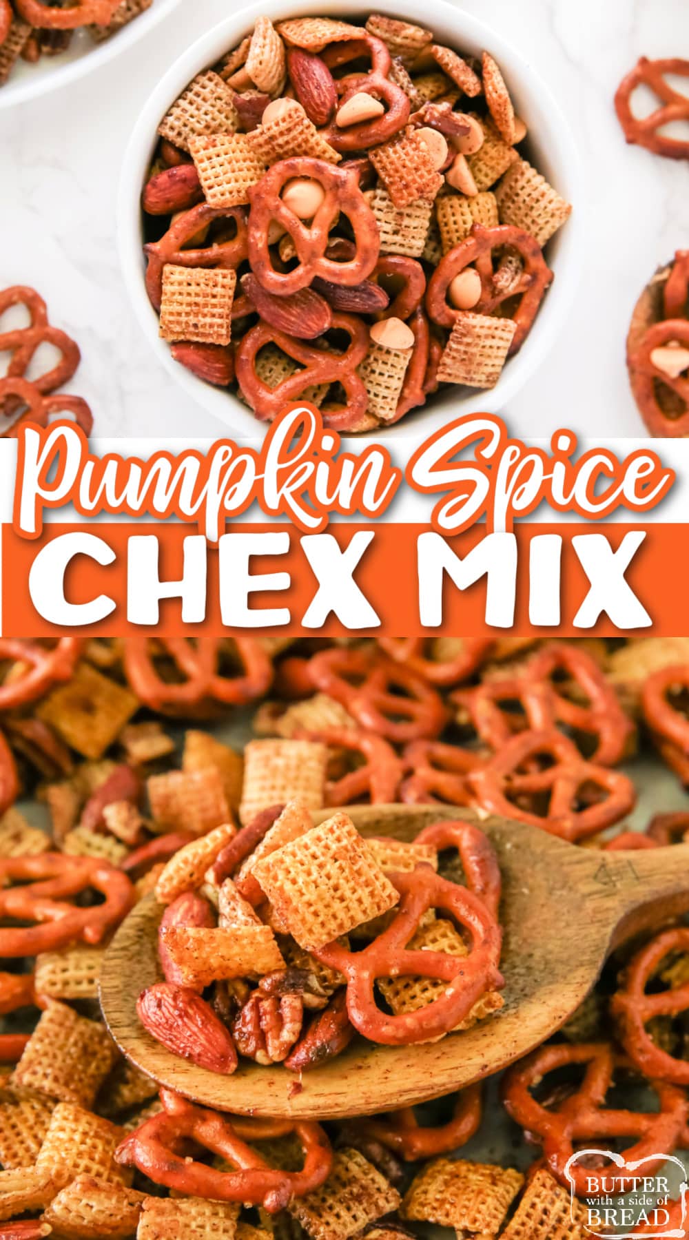 Pumpkin Spice Chex Mix is a fantastic snack mix that is perfect for fall! This snack mix recipe is baked to give the mix a satisfying crunch and to intensify the sweet and salty flavors.