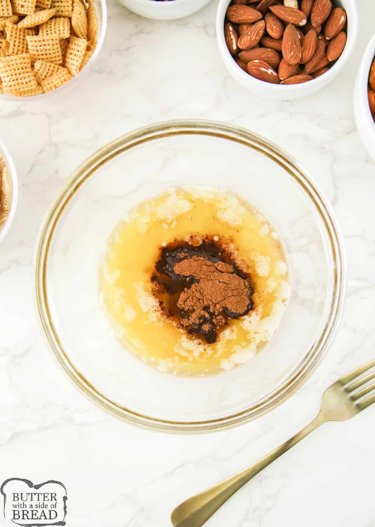 Melted butter with vanilla, maple syrup, cinnamon, and pumpkin spice.