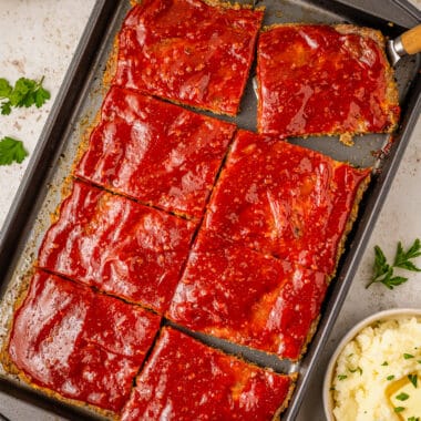 sheet pan meatloaf recipe cut into squares