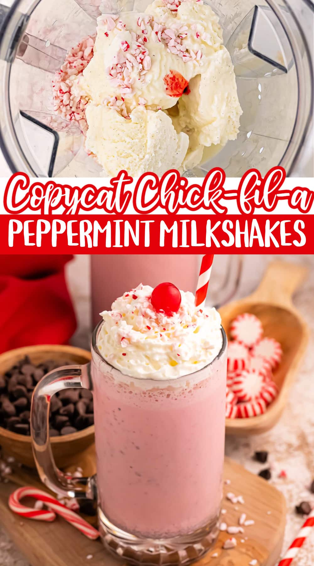 Copycat Chick-fil-A Peppermint Milkshakes are made with vanilla ice cream and crushed peppermint candy! Perfect winter treat that is ready in less than 5 minutes!