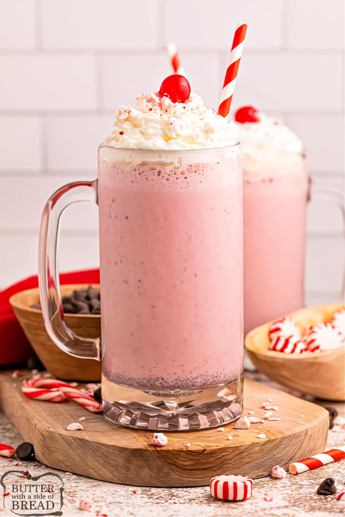 Copycat Chick-fil-A Peppermint Milkshakes are made with vanilla ice cream and crushed peppermint candy! Perfect winter treat that is ready in less than 5 minutes!