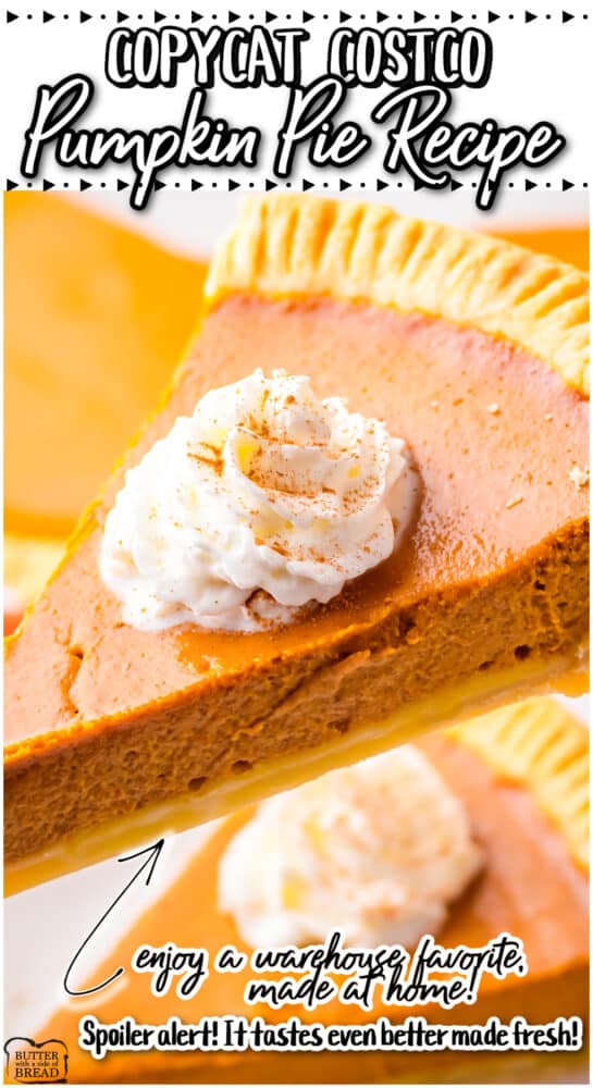 Homemade recipe for the popular Costco Pumpkin Pie that flies off the shelves every year! Classic 12" pumpkin pie that tastes just like the original!