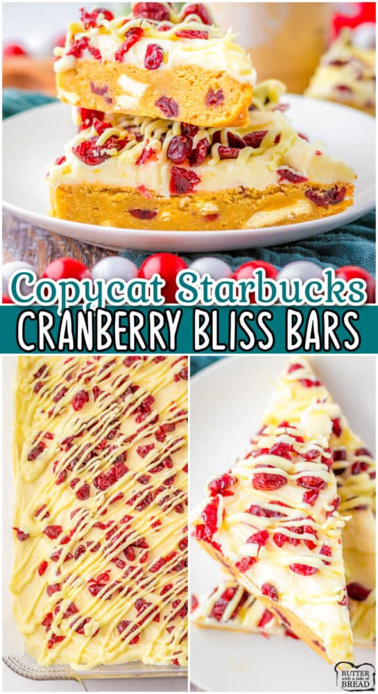 Copycat Starbucks Cranberry Bliss Bars are a festive, delicious dessert that taste just like the real thing! Chewy blondies are studded with white chocolate and cranberries, then topped with cream cheese frosting & orange zest!
