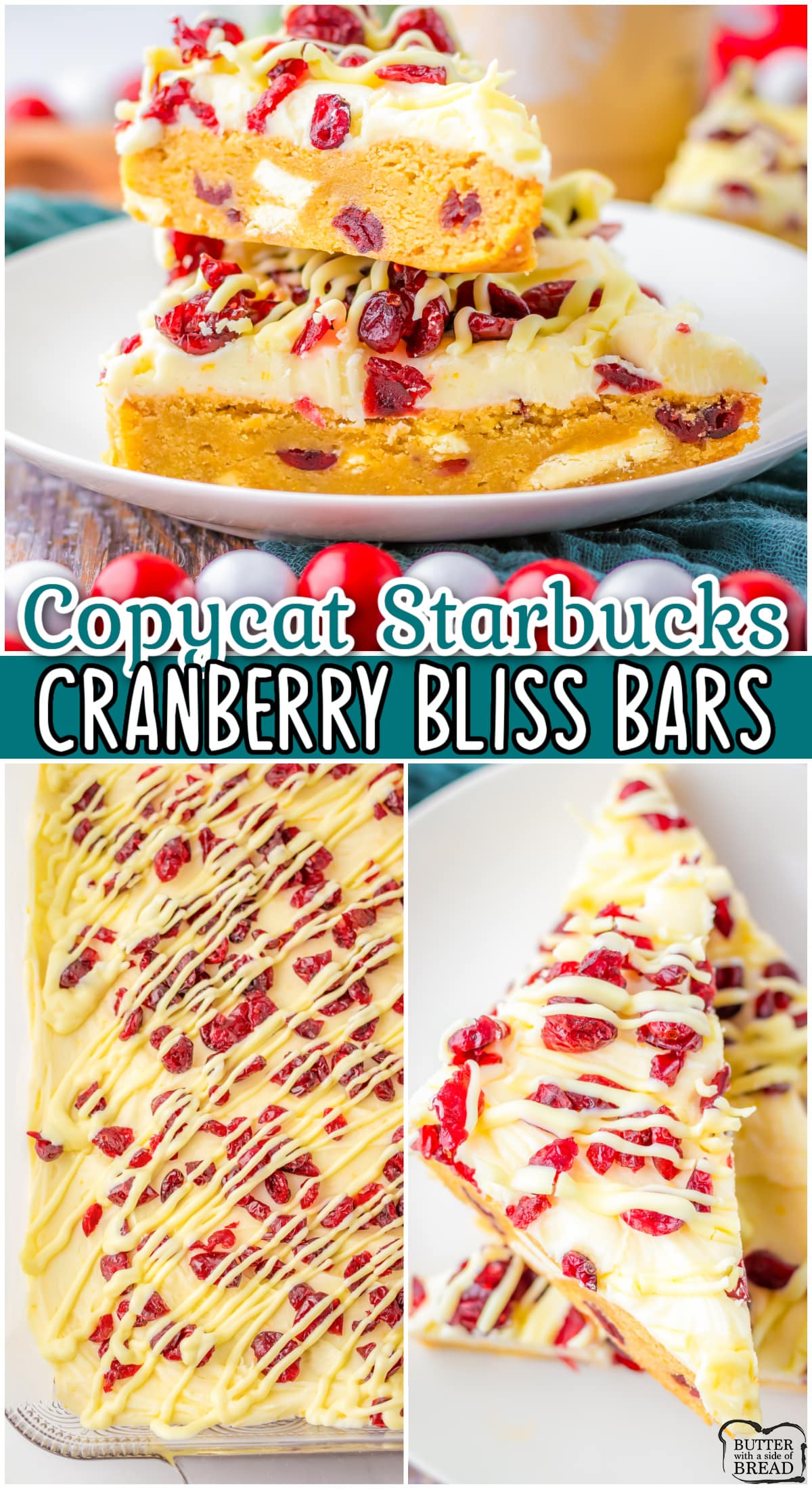 Copycat Starbucks Cranberry Bliss Bars are a festive, delicious dessert that taste just like the real thing! Chewy blondies are studded with white chocolate and cranberries, then topped with cream cheese frosting & orange zest!