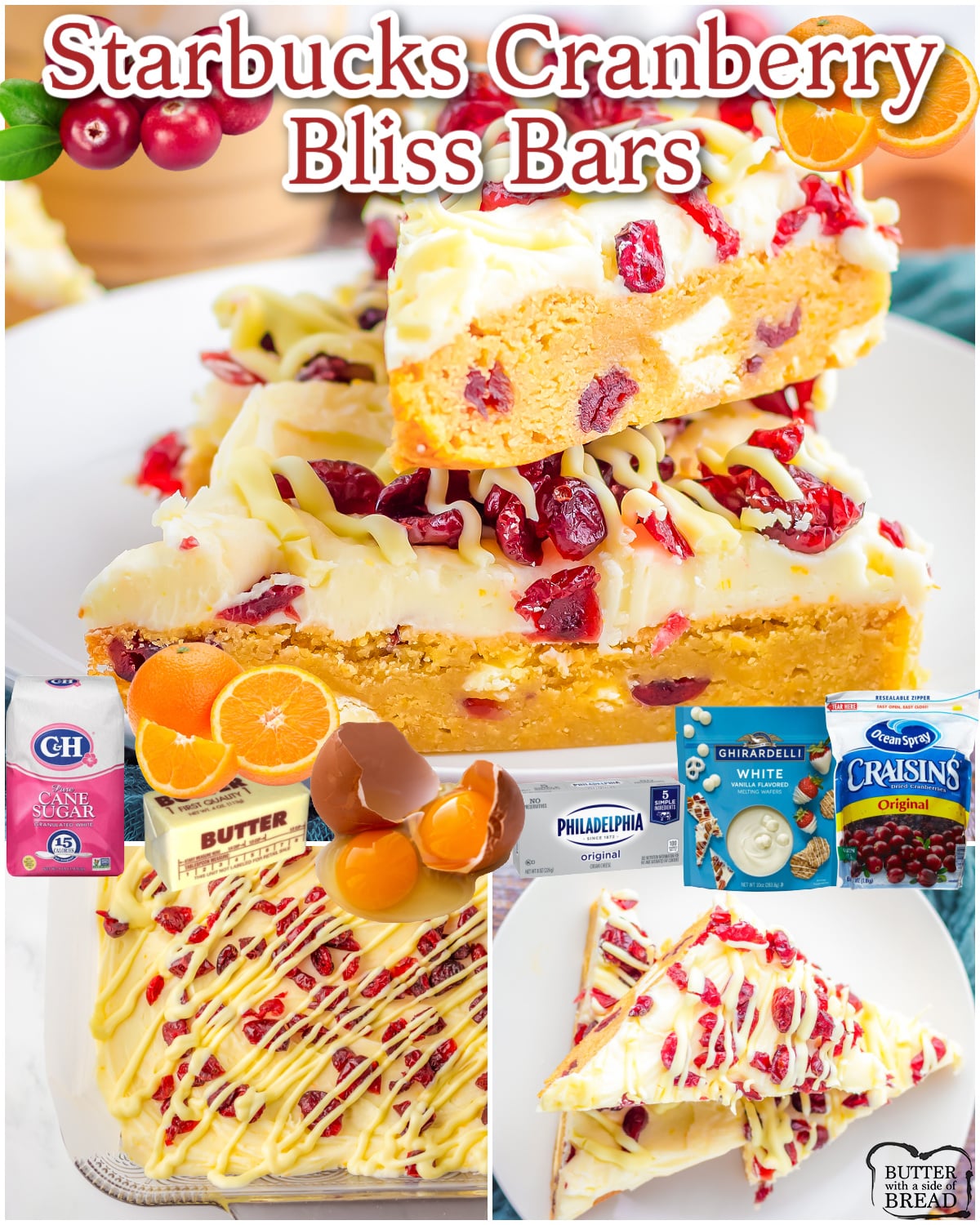Copycat Starbucks Cranberry Bliss Bars are a festive, delicious dessert that taste just like the real thing! Chewy blondies are studded with white chocolate and cranberries, then topped with cream cheese frosting & orange zest!