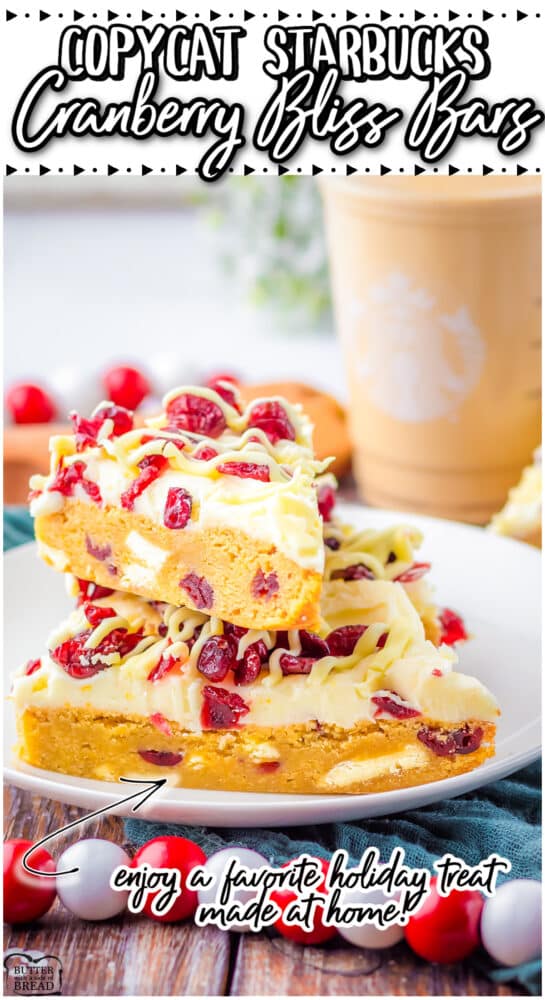 Copycat Starbucks Cranberry Bliss Bars are a festive, delicious dessert that taste just like the real thing! Chewy blondies are studded with white chocolate and cranberries, then topped with cream cheese frosting & orange zest!