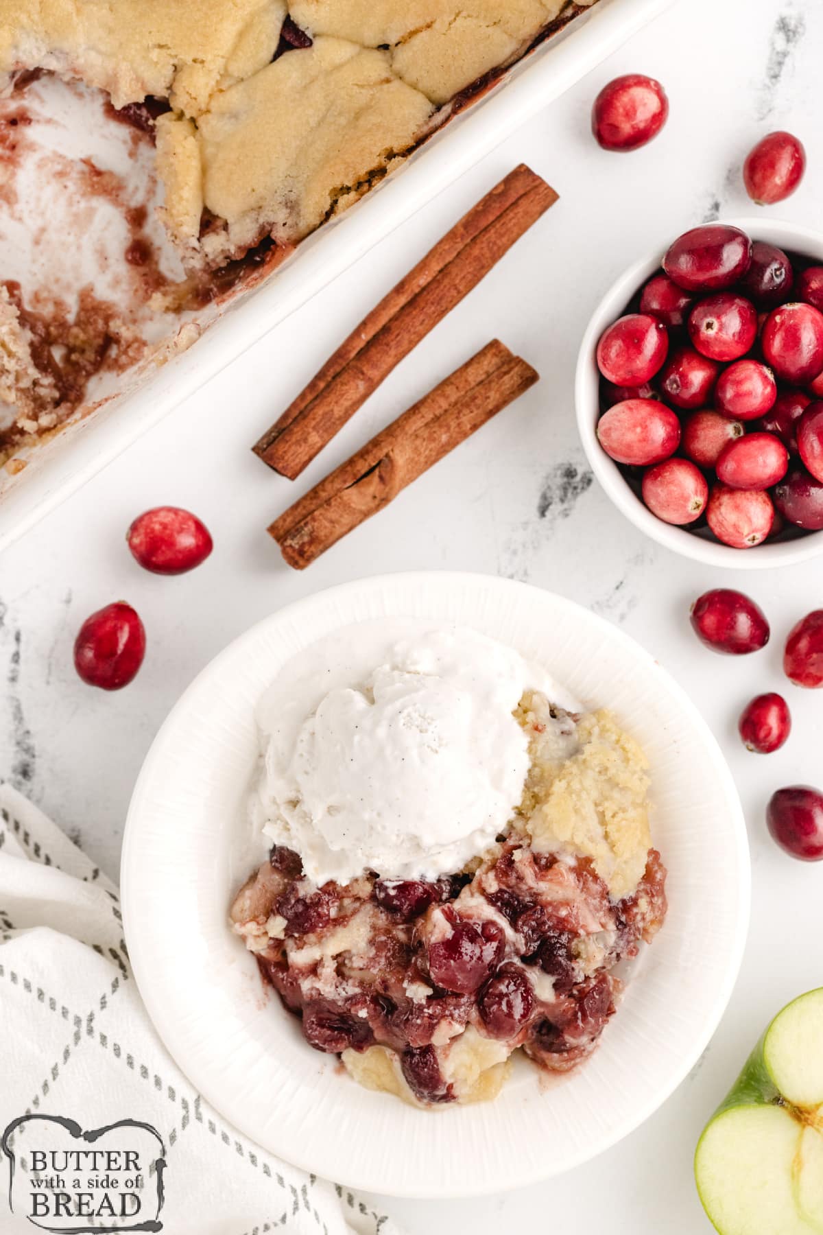 Apple Cranberry Cobbler with vanilla ice cream.