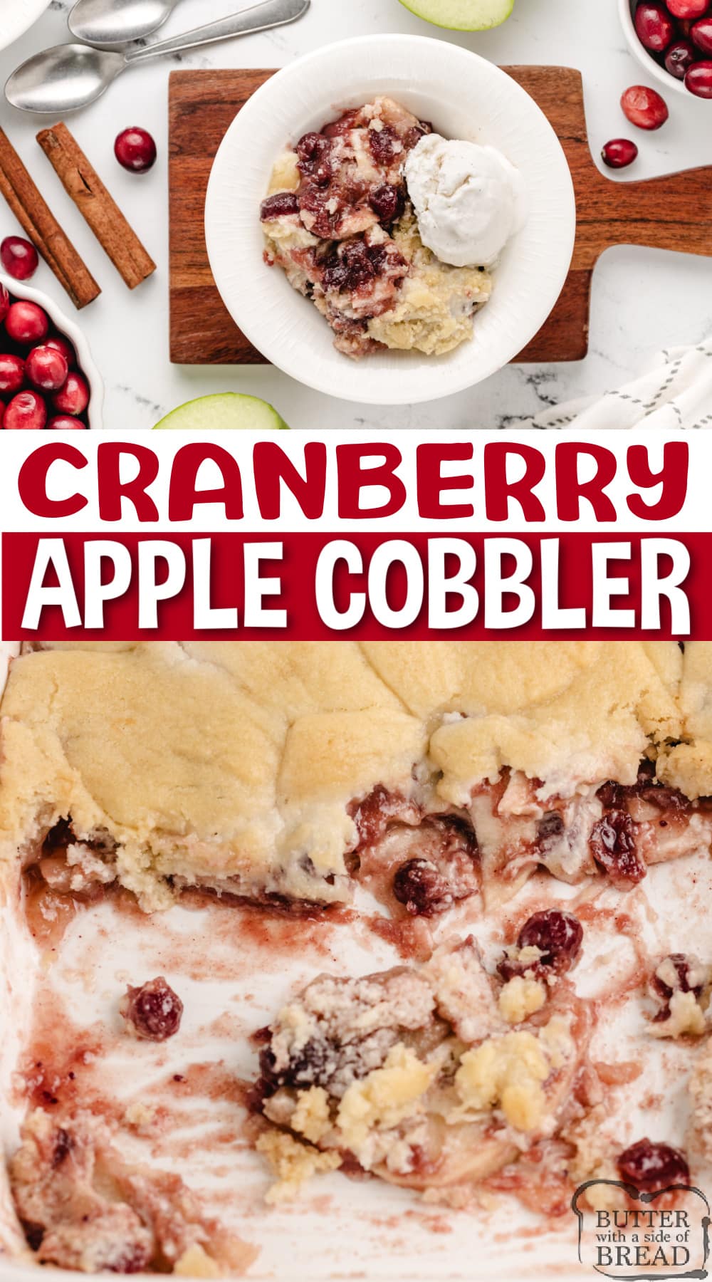Cranberry Apple Cobbler is made with cranberry sauce, sliced apples, and a sugar cookie crust. This simple 6-ingredient cobbler recipe is the perfect fall dessert!