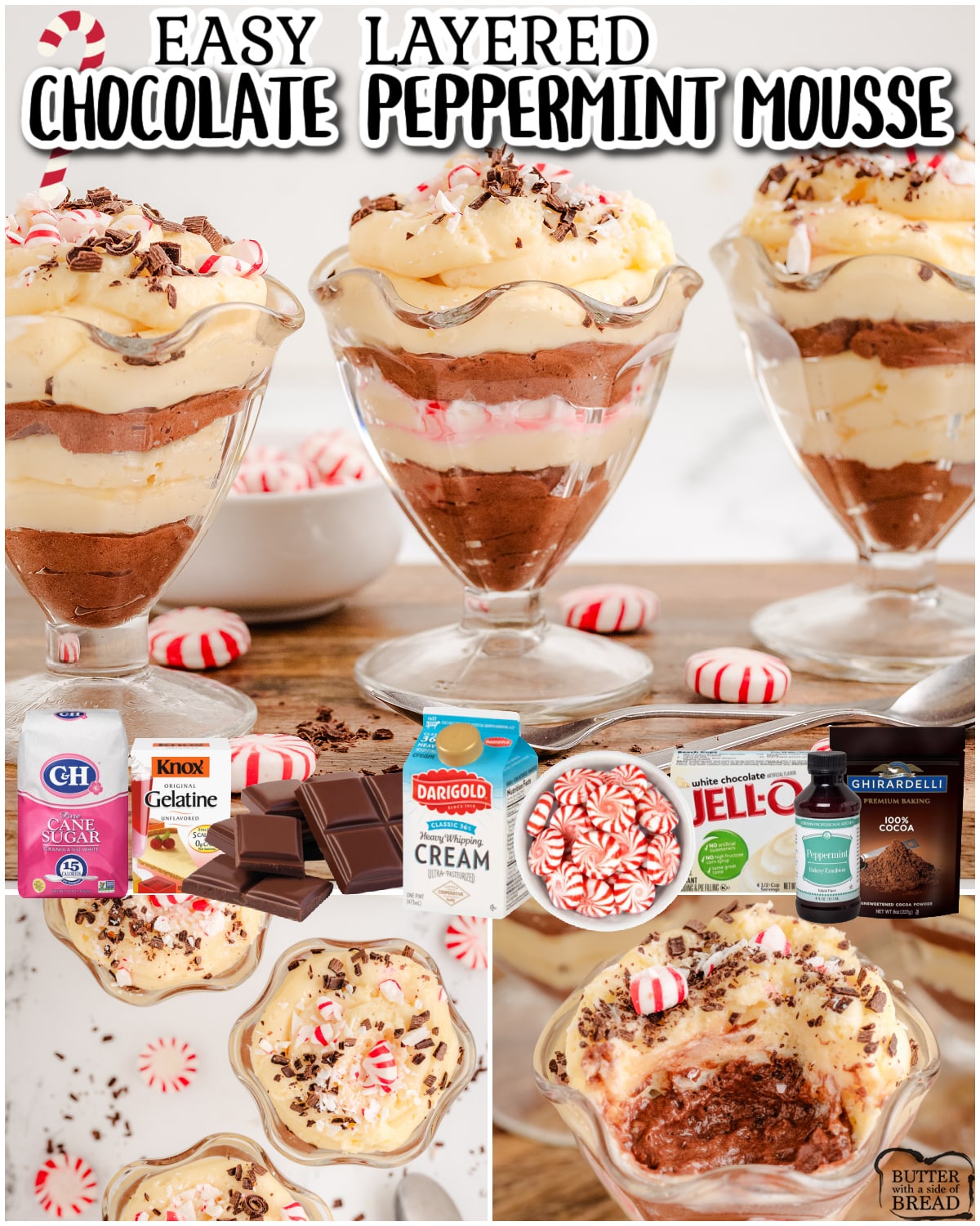 Peppermint Chocolate Mousse that's stunningly delicious & perfect for holiday parties! This holiday dessert features easy-to-make peppermint white & dark chocolate mousse layered with crushed candy pieces.