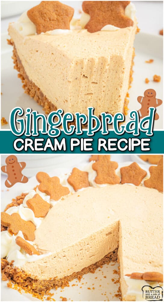 This holiday no-bake Gingerbread Cream Pie is made with a gingersnap crust & filled with a creamy blend of brown sugar, cream cheese, molasses, cinnamon, ginger & cloves!