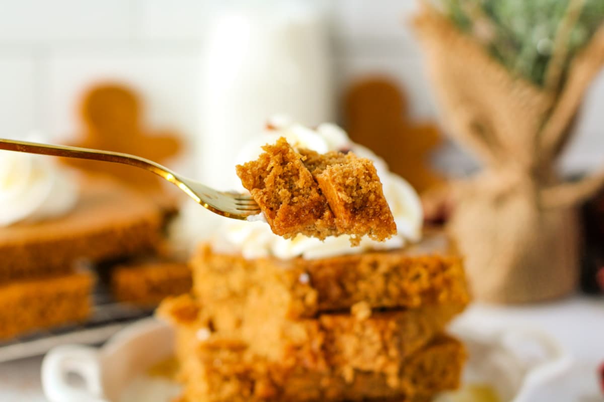 Bite of gingerbread pancakes.