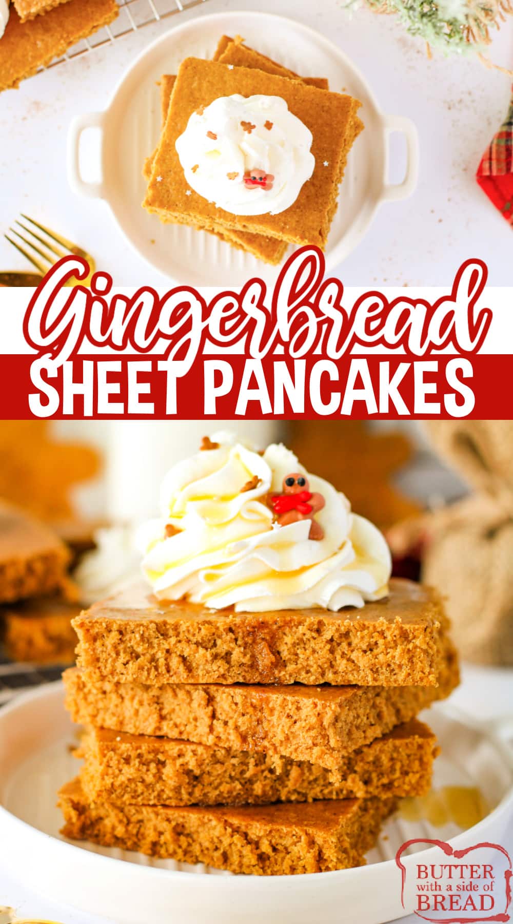 Gingerbread Sheet Pancakes made completely from scratch and baked in the oven. This is the perfect breakfast recipe for the holiday season!